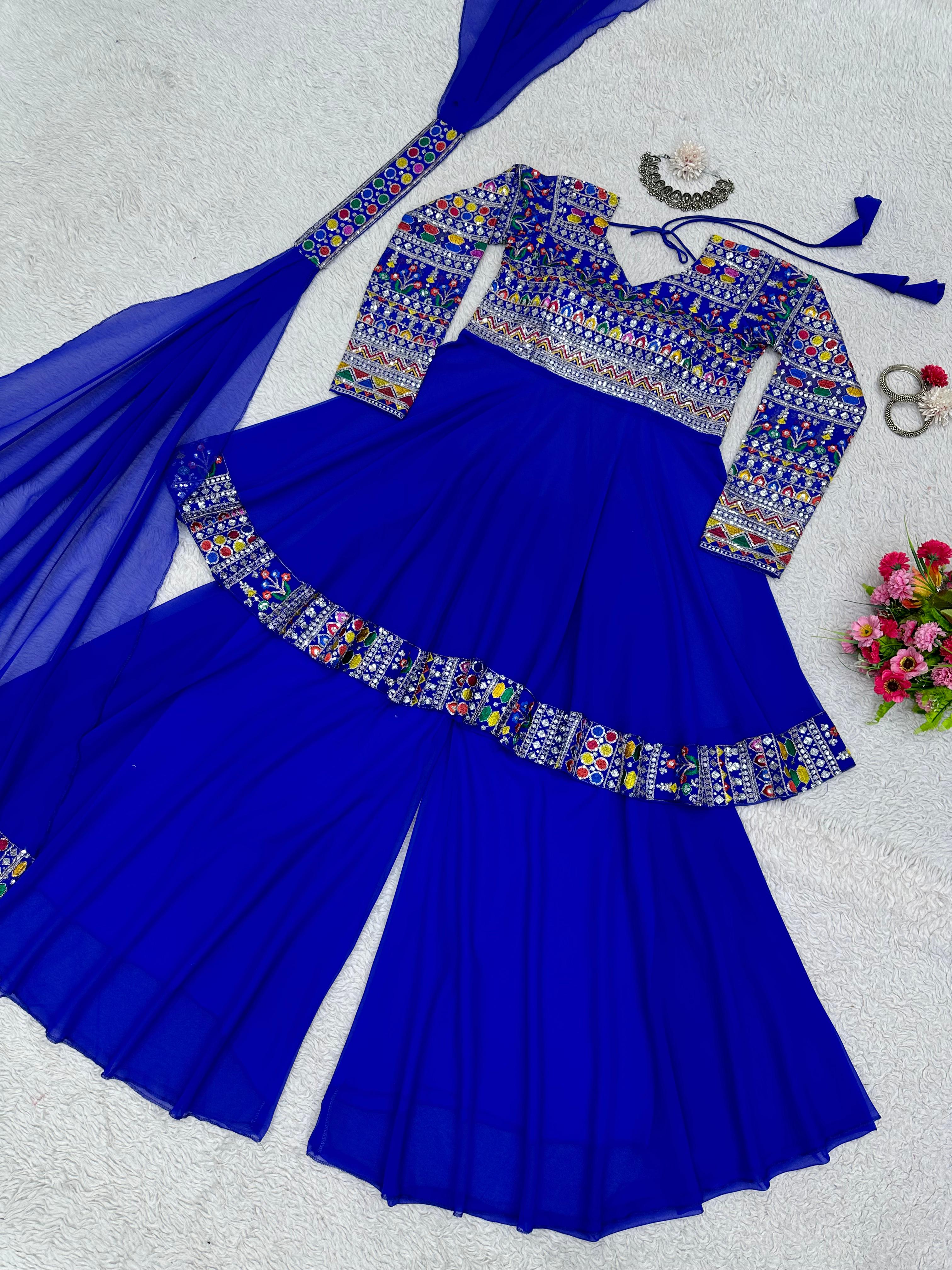 Multi Thread Sequence Work Blue Color Sharara Suit