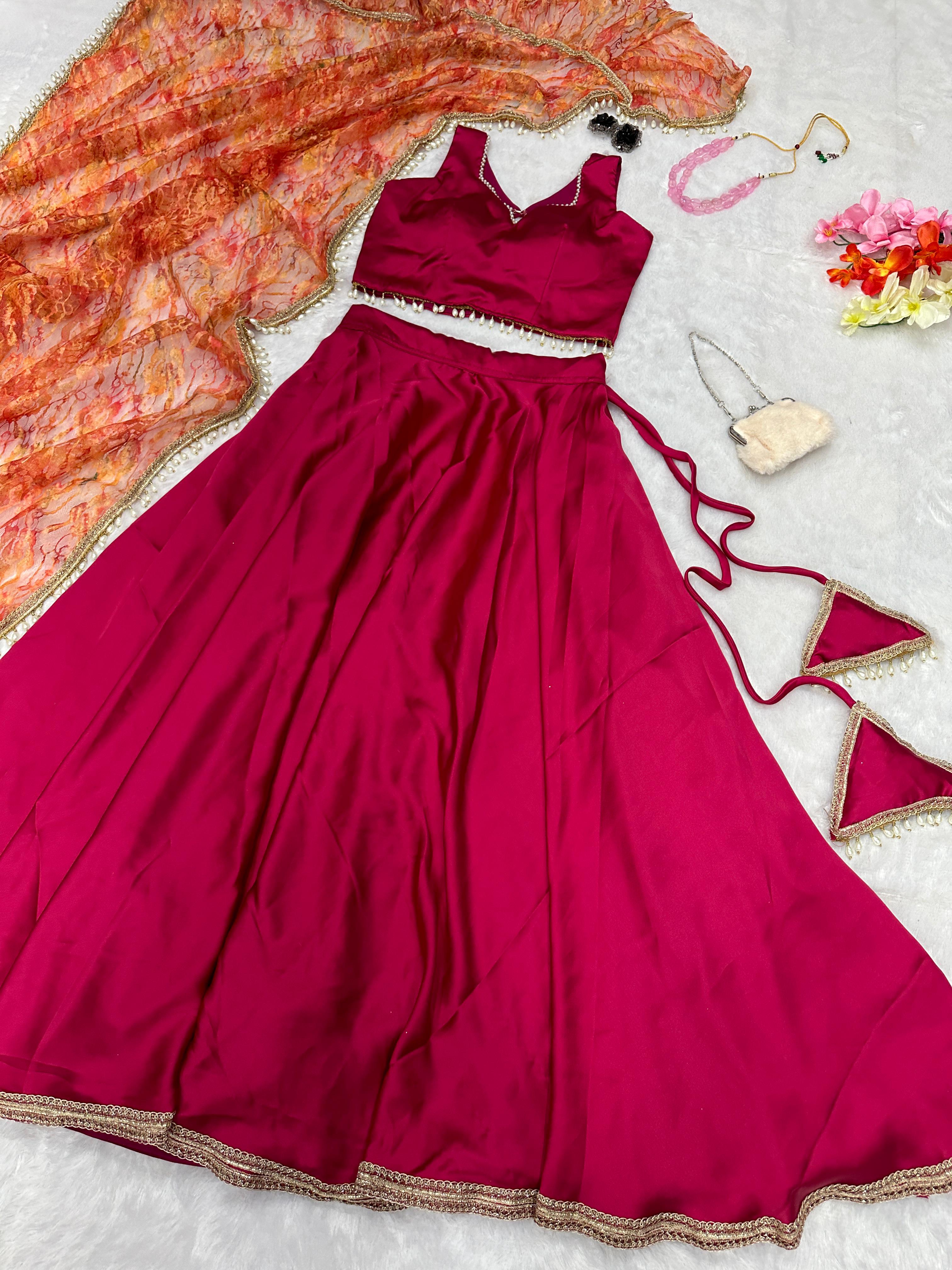 Stunning Dark Pink Color Satin Silk Lehenga Choli