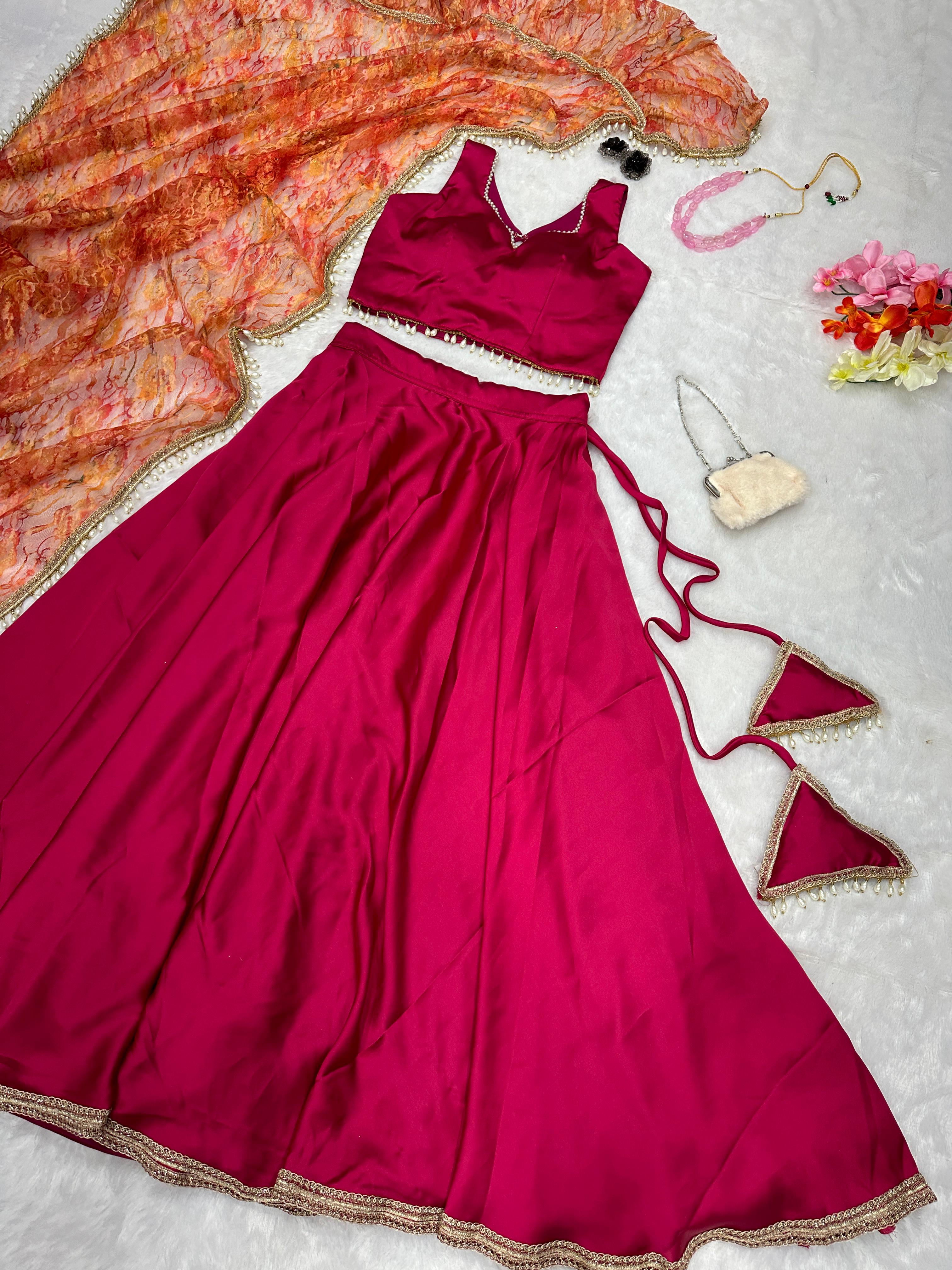 Stunning Dark Pink Color Satin Silk Lehenga Choli