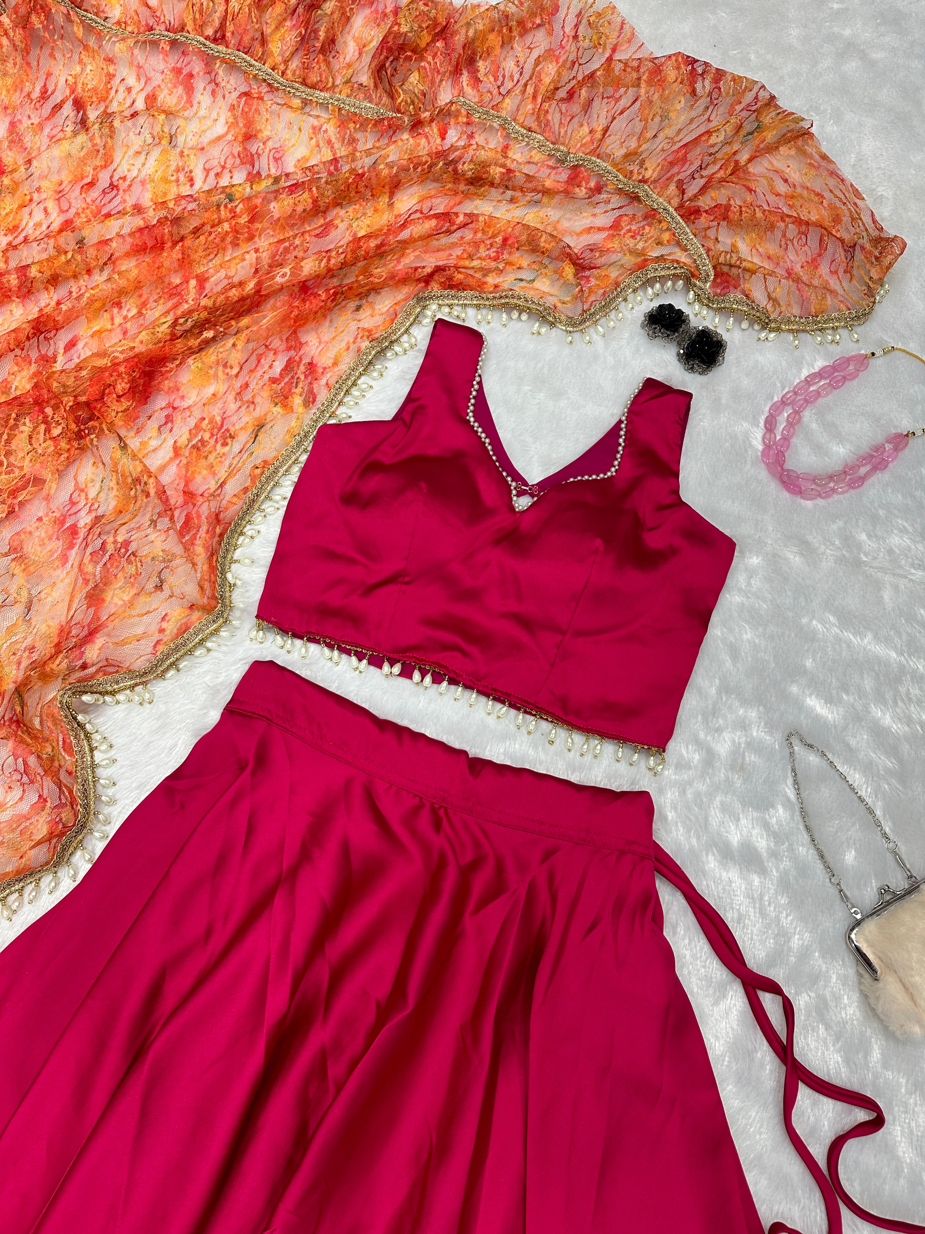 Stunning Dark Pink Color Satin Silk Lehenga Choli