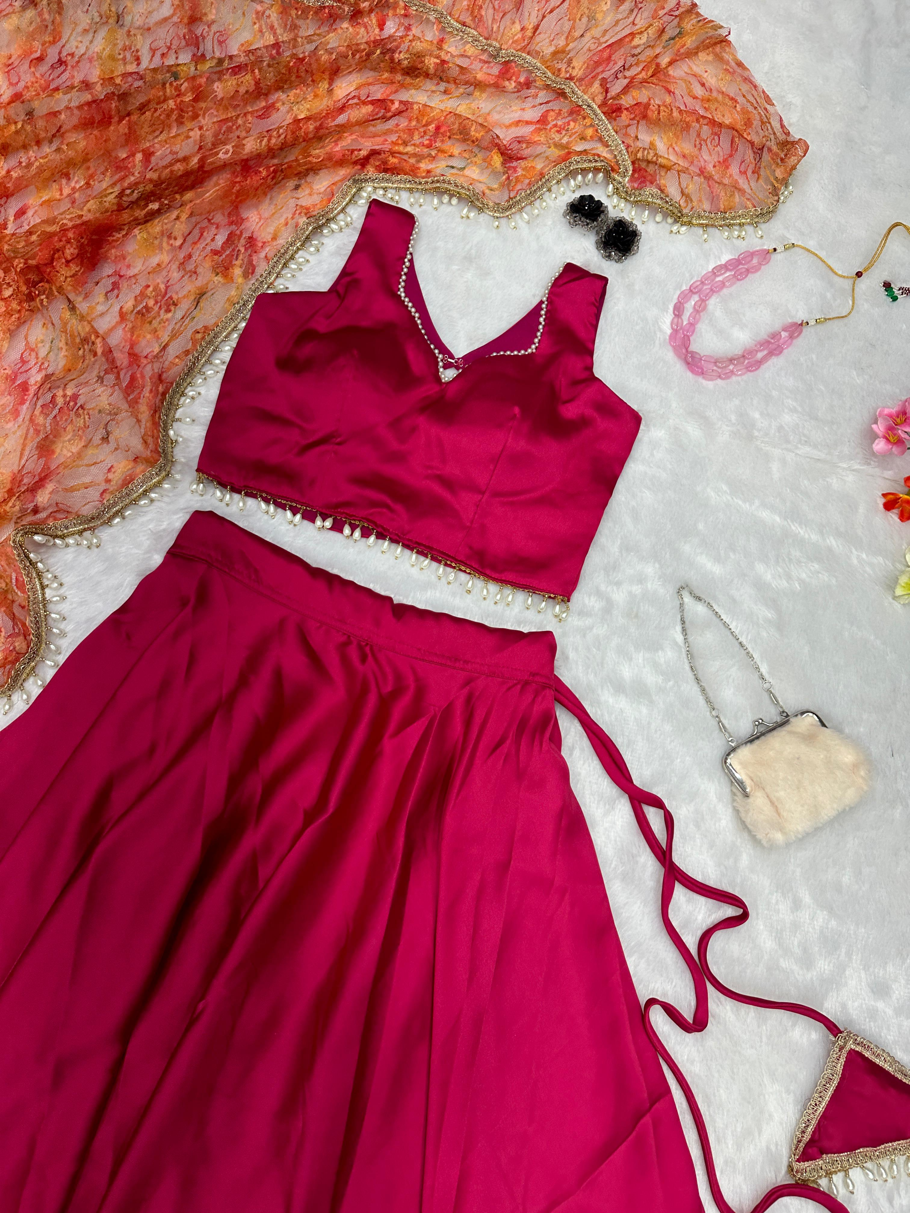 Stunning Dark Pink Color Satin Silk Lehenga Choli