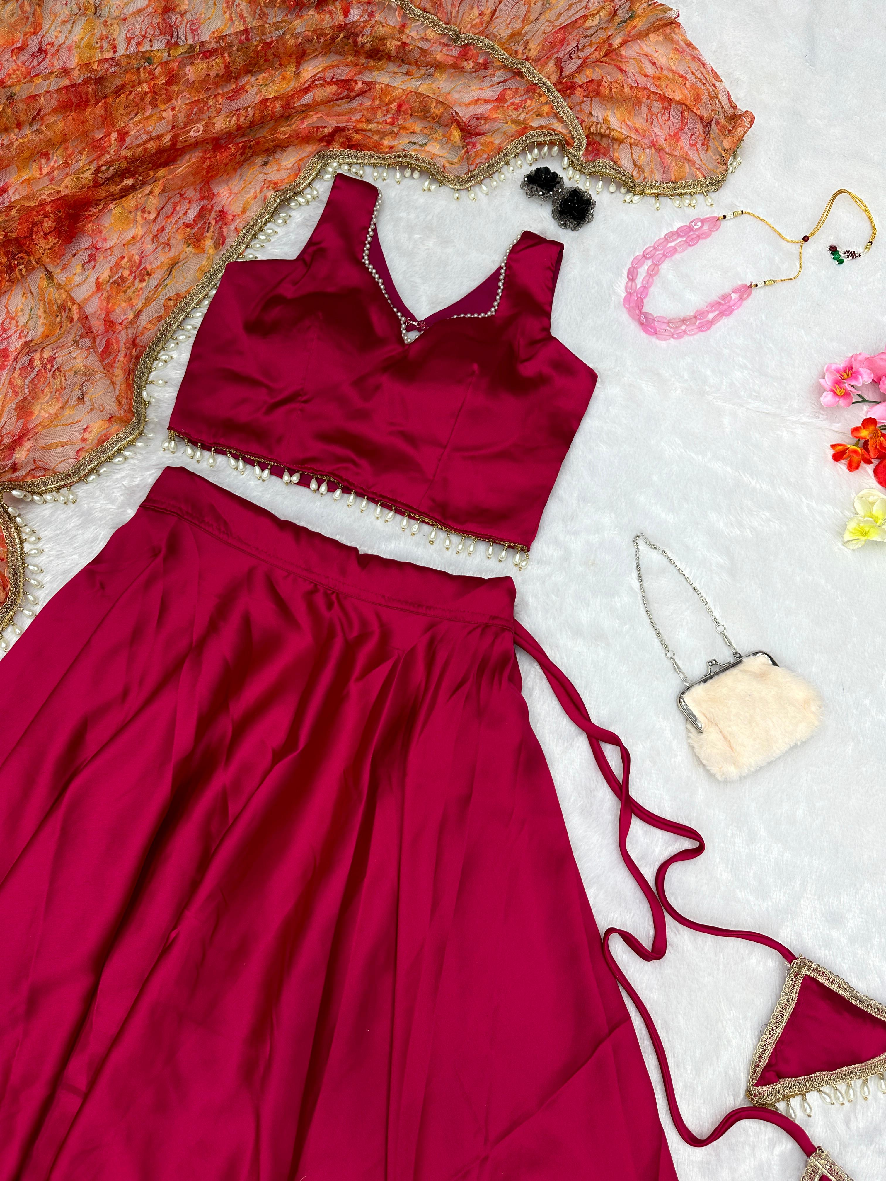 Stunning Dark Pink Color Satin Silk Lehenga Choli