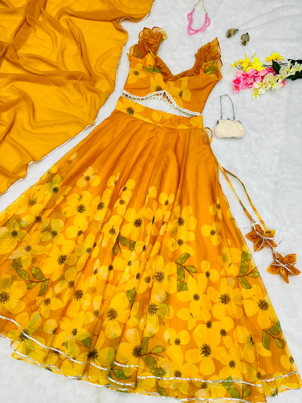 Ceremony Wear Organza Mustard Color Lehenga Choli