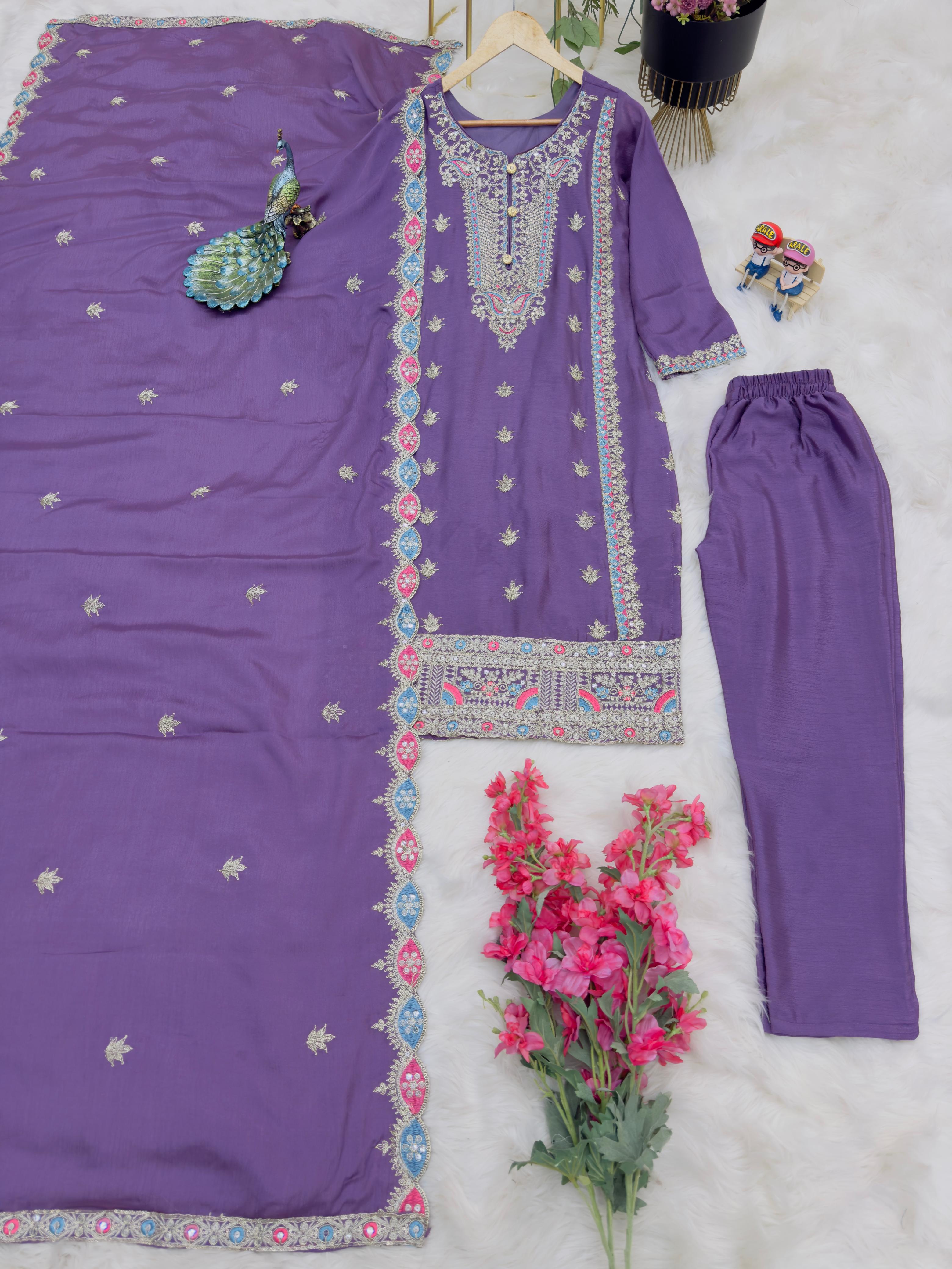 Opulent Purple Color Coding Embroidery Work Salwar Suit