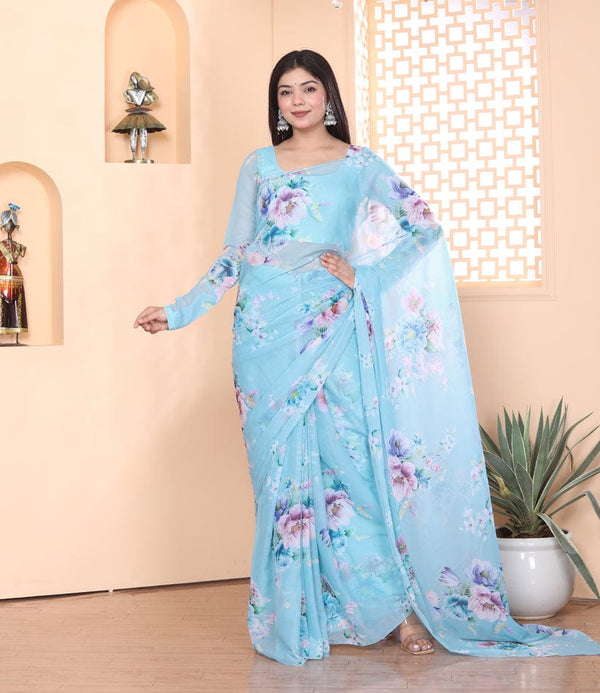 Flower Design Sky Blue Color Ready To Wear Saree