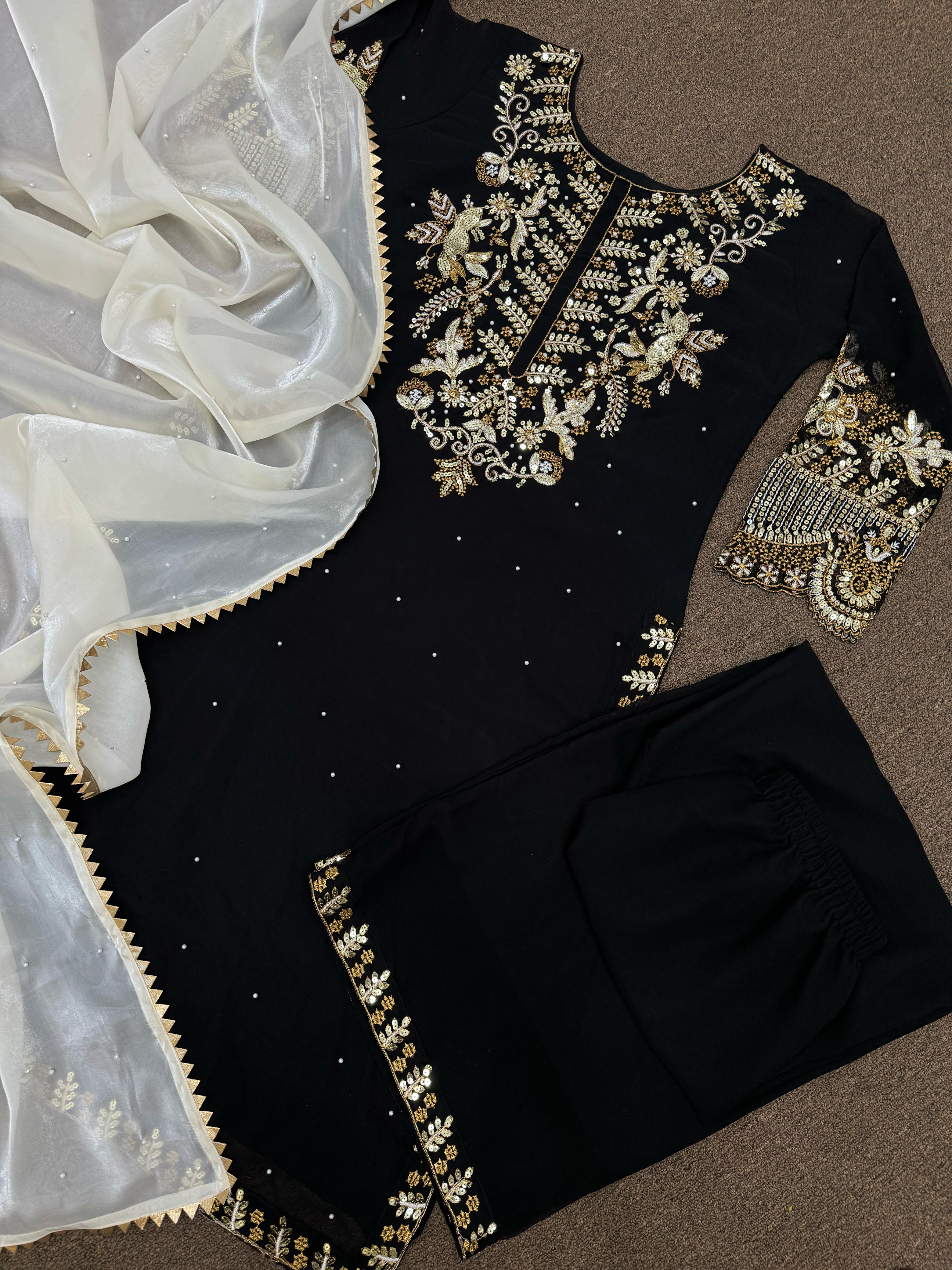 Captivating Embroidery Work Black Color Palazzo Suit