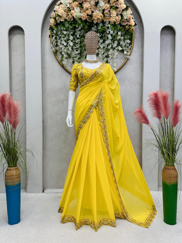 Glorious Yellow Color Thread Sequence Work Saree