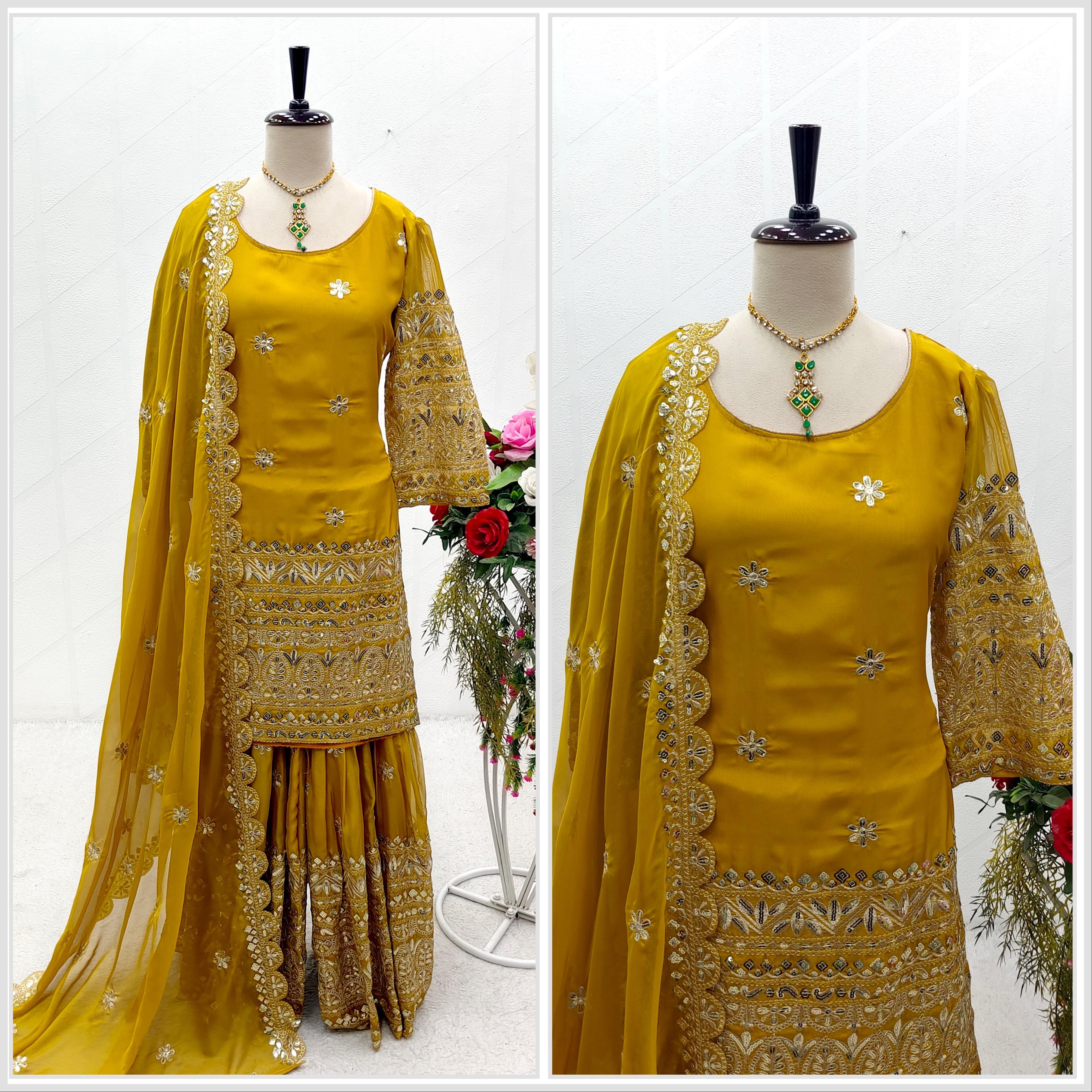 Stylish Mustard Color Embroidery Sequence Work Sharara Suit