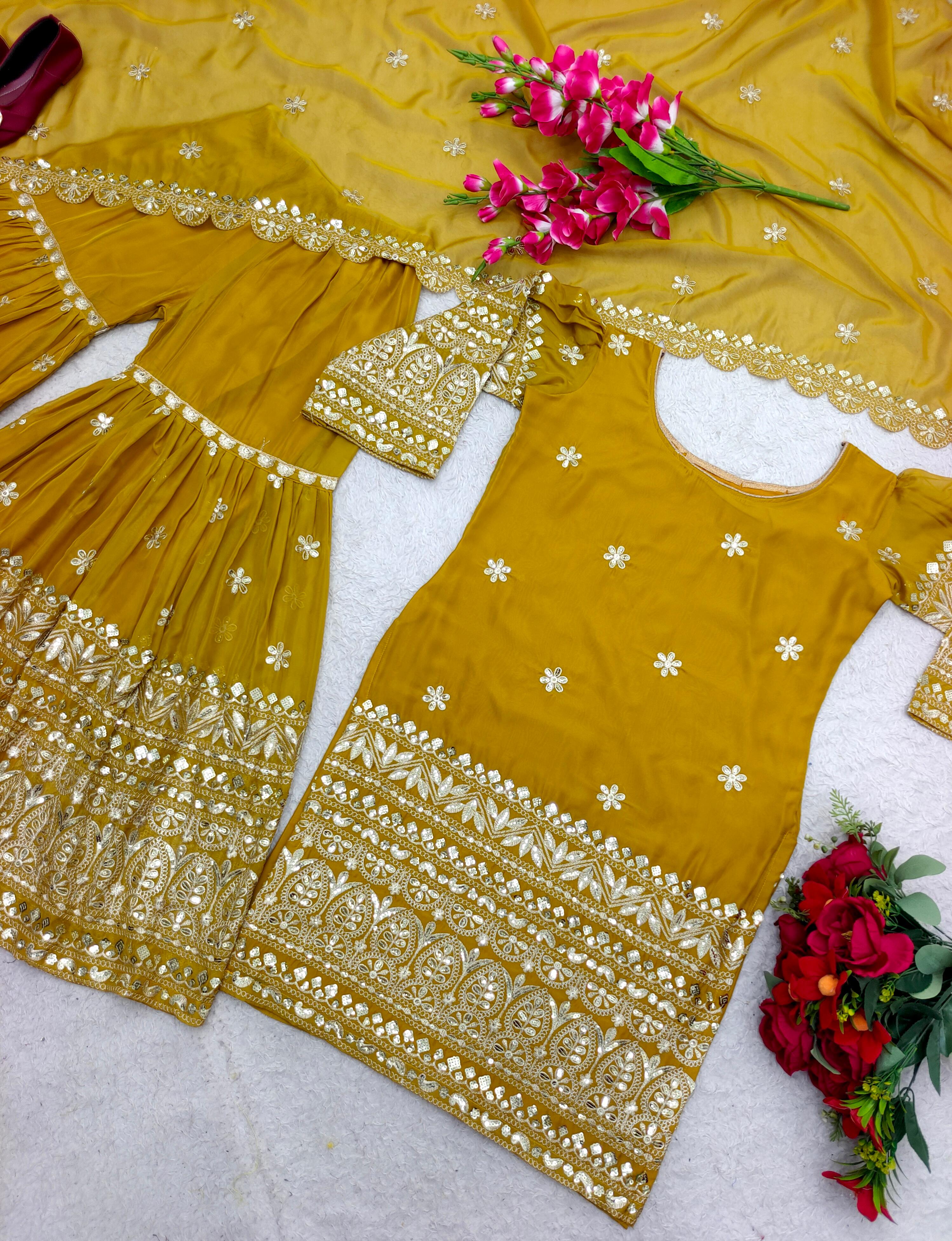 Stylish Mustard Color Embroidery Sequence Work Sharara Suit