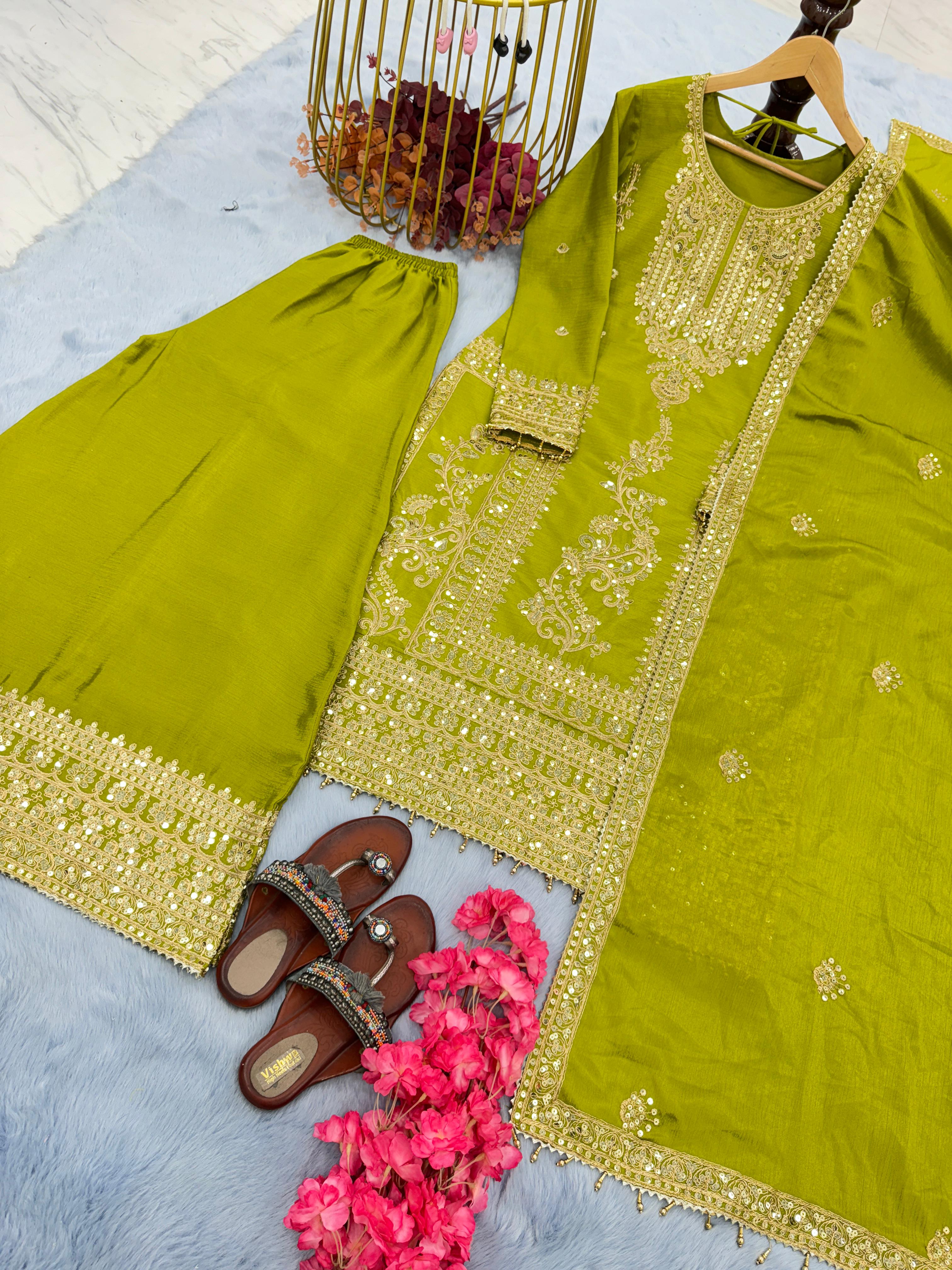 Fabulous Green Color Heavy Embroidery Work Sharara Suit