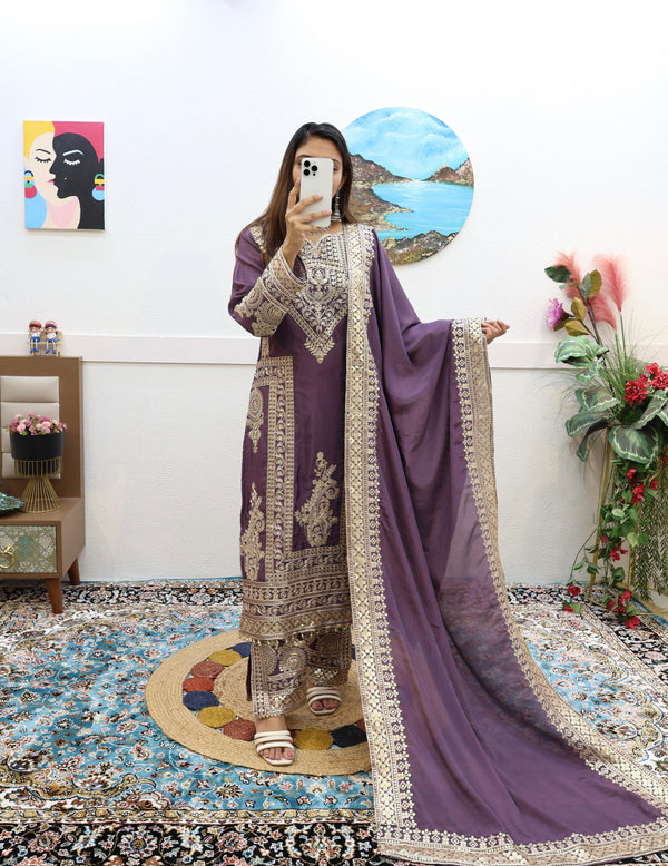 Dusty Purple Color Embroidery Work Stylish Salwar Suit