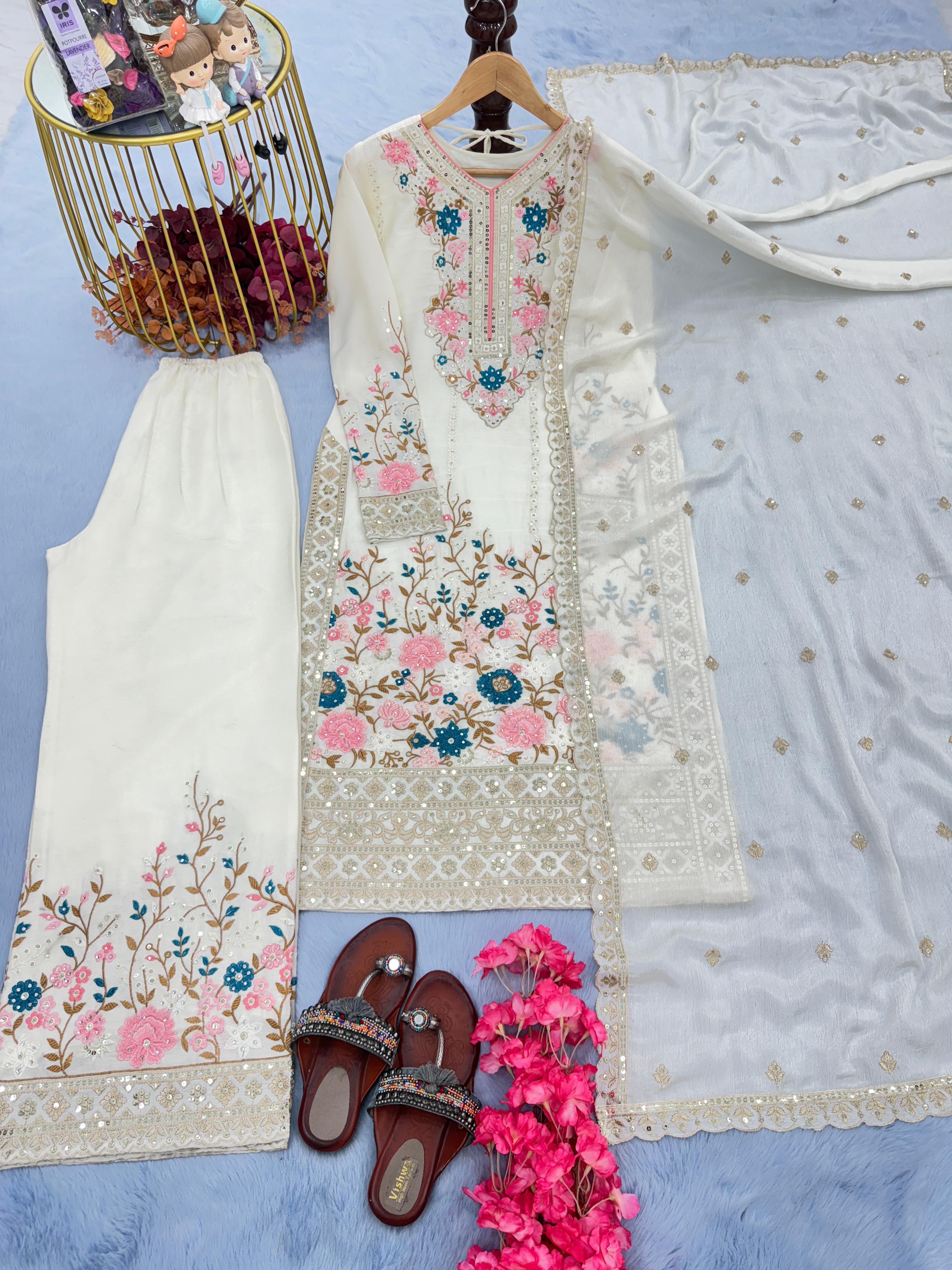 Admiring White Color Thread Work Palazzo Suit