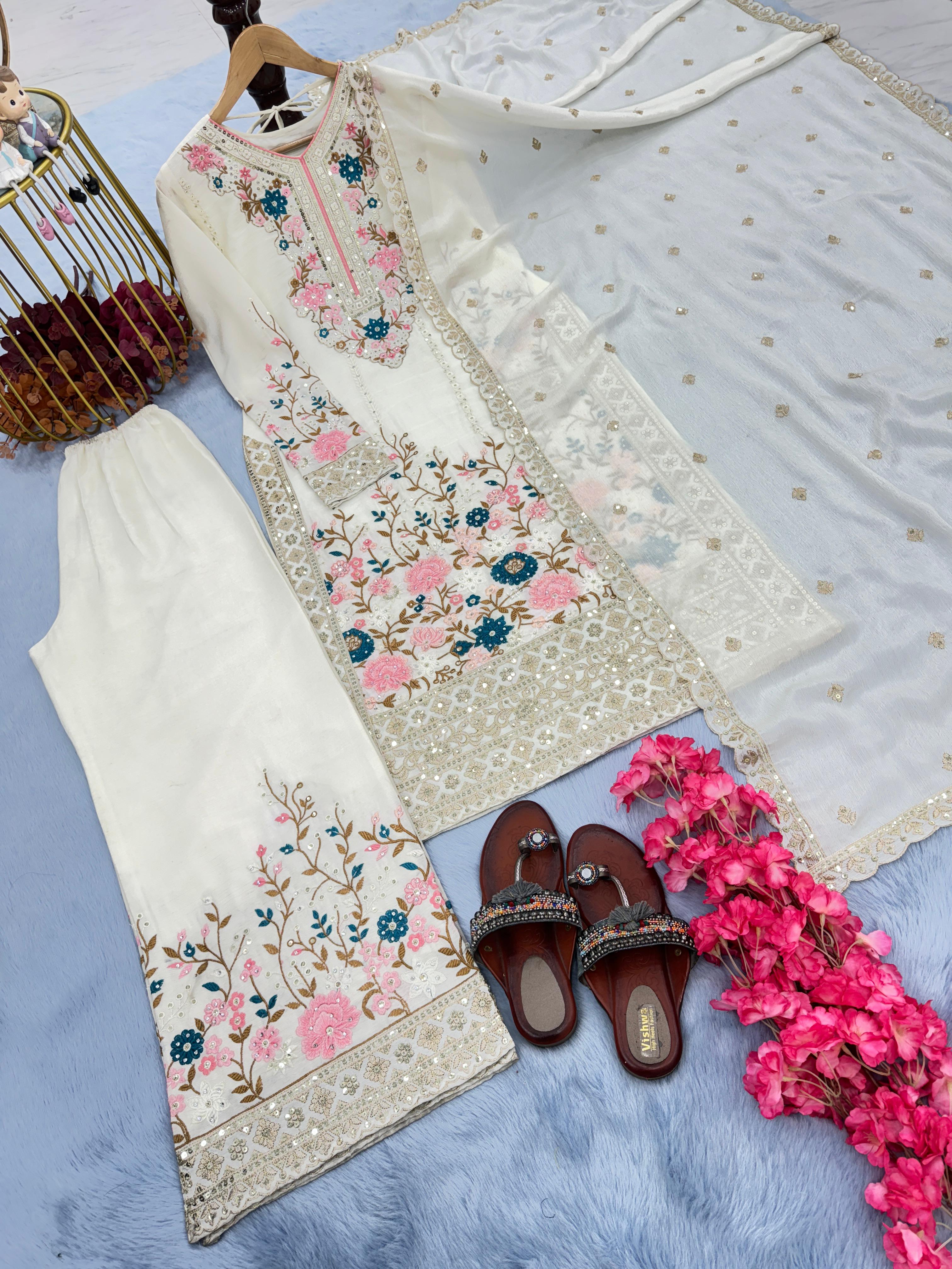 Admiring White Color Thread Work Palazzo Suit