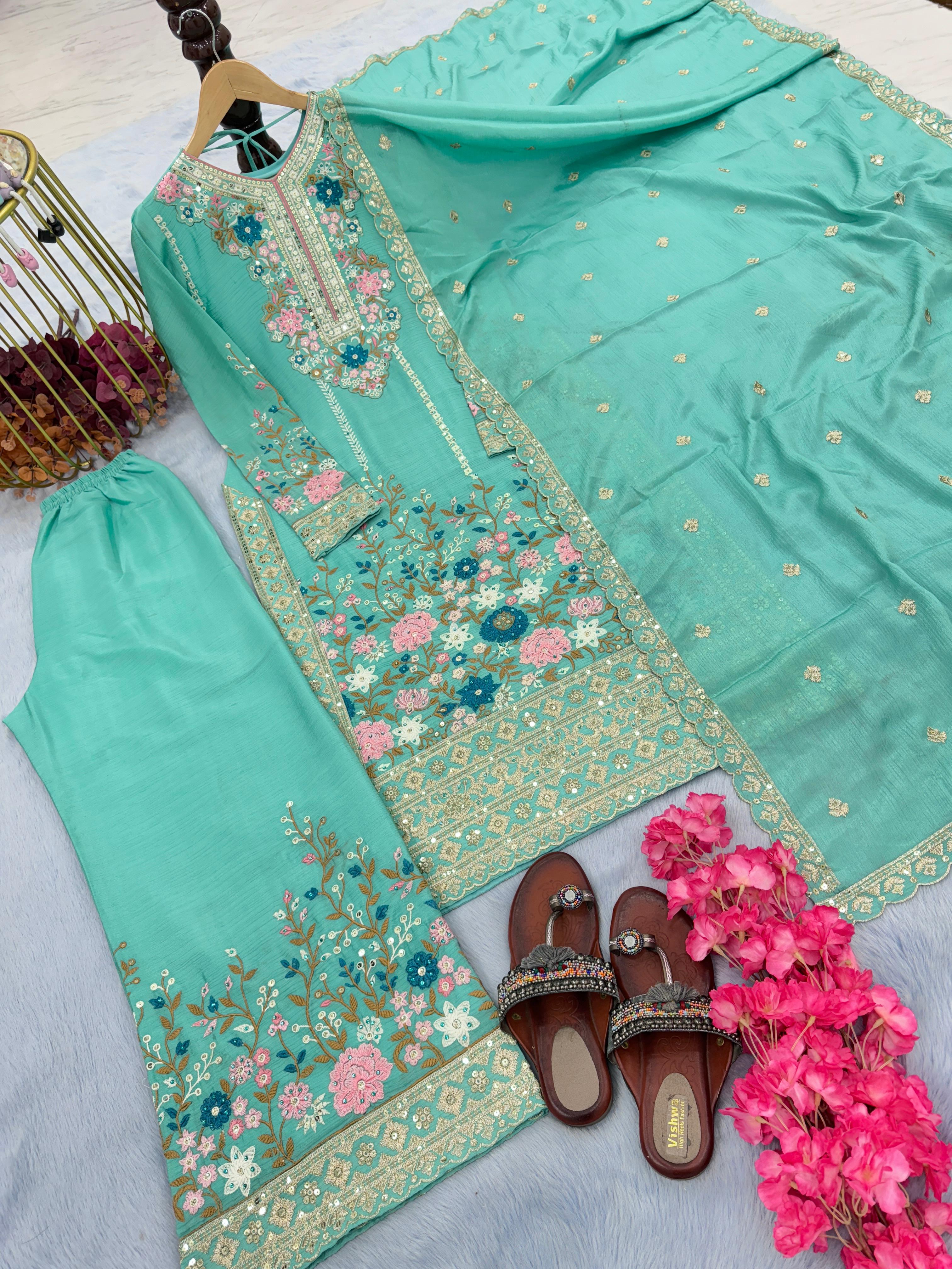 Admiring Aqua Green Color Thread Work Palazzo Suit