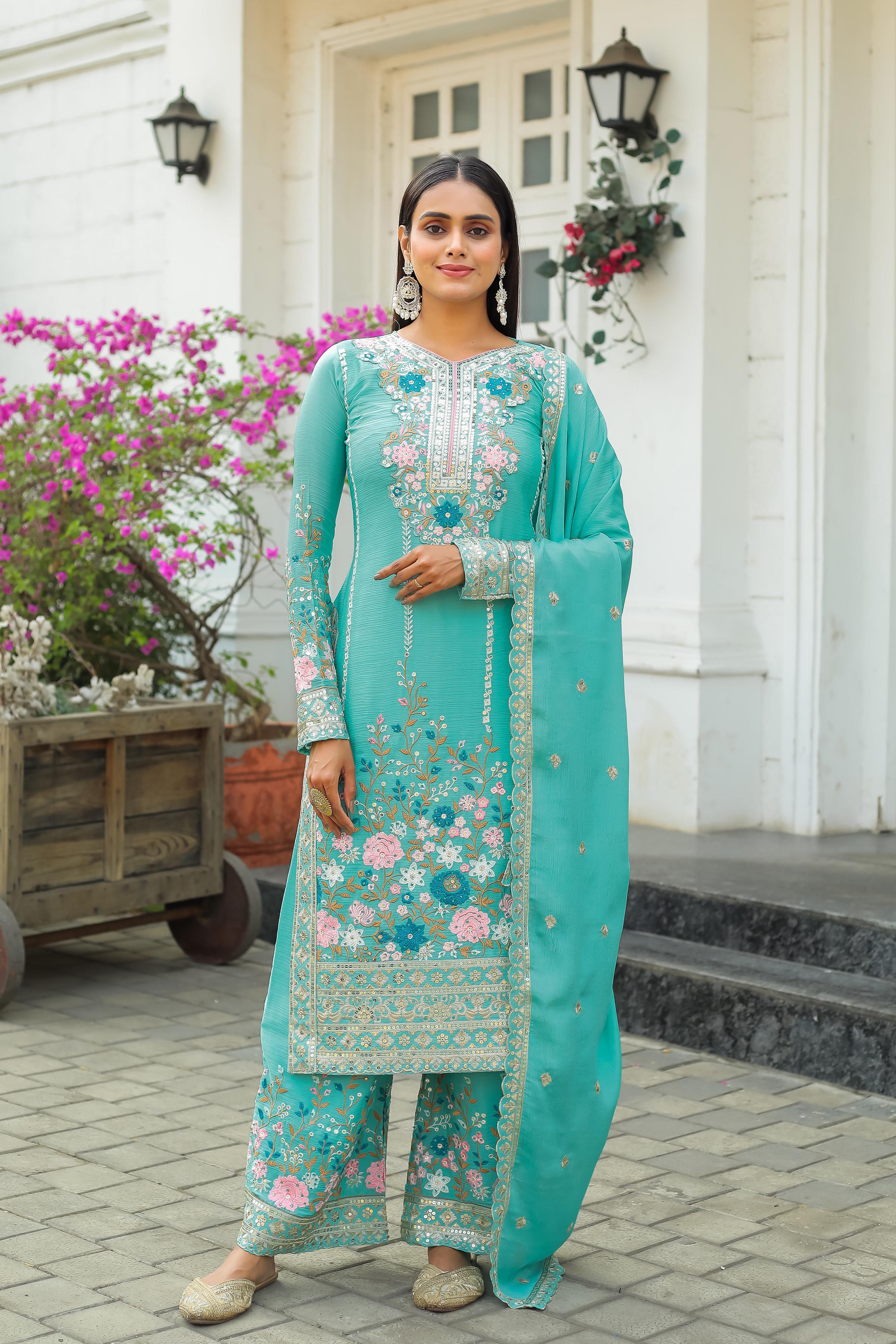 Admiring Aqua Green Color Thread Work Palazzo Suit