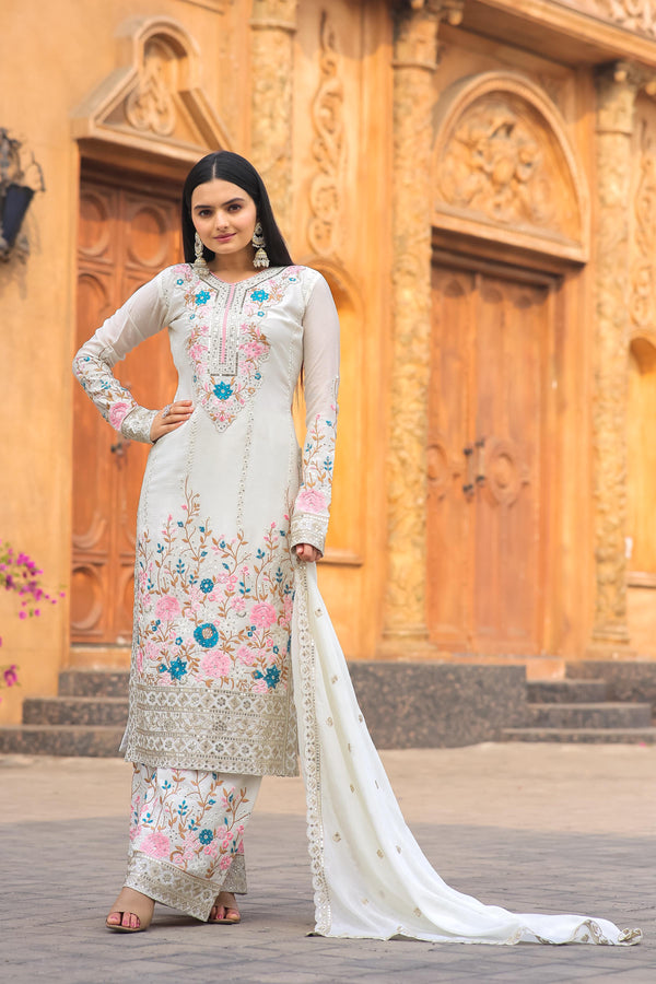 Admiring White Color Thread Work Palazzo Suit