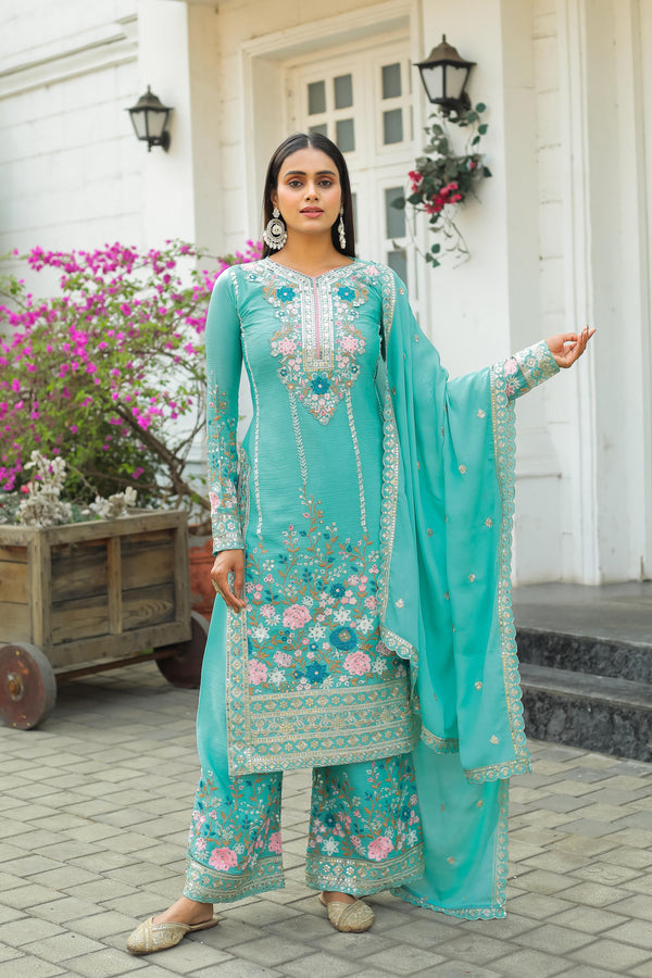 Admiring Aqua Green Color Thread Work Palazzo Suit