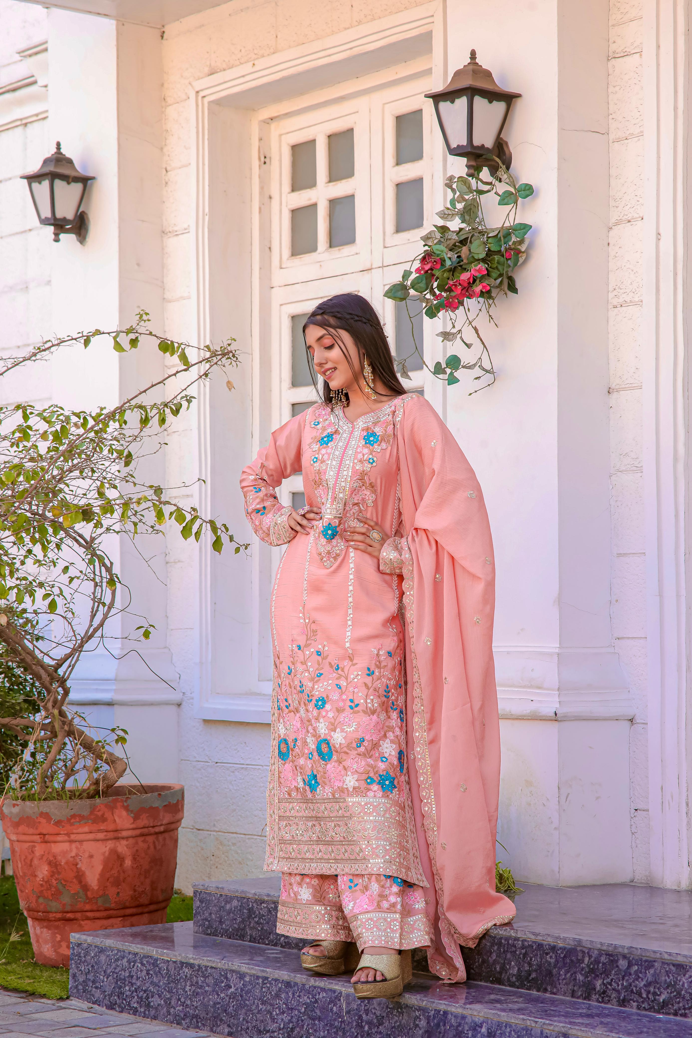 Admiring Peach Color Thread Work Palazzo Suit