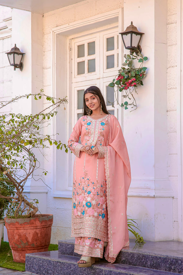 Admiring Peach Color Thread Work Palazzo Suit