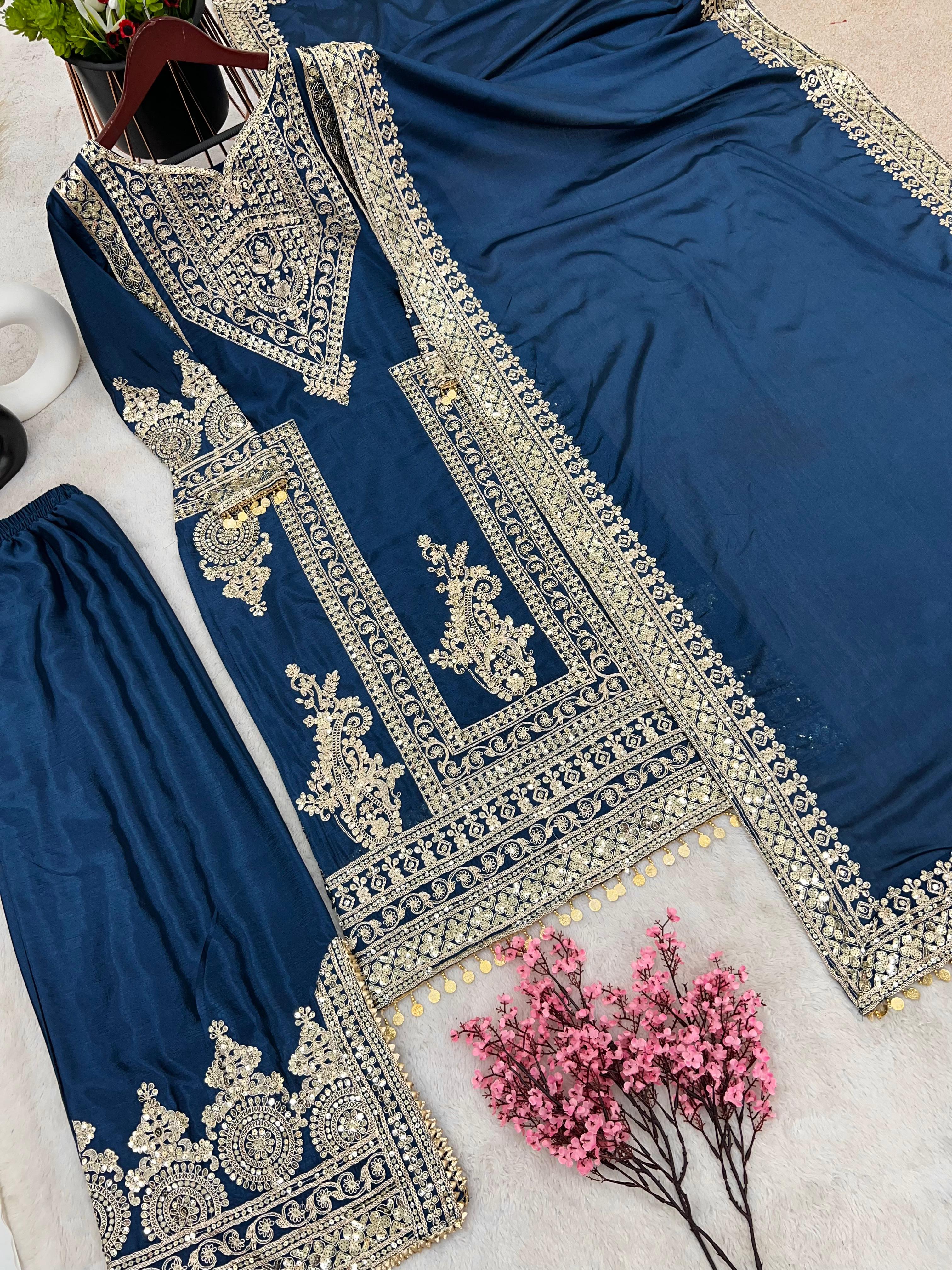 Opulent Sequence Embroidery Work Teal Blue Color Palazzo Suit