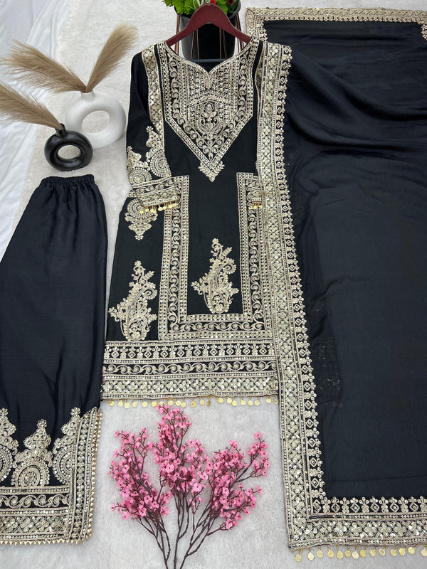 Opulent Sequence Embroidery Work Black Color Palazzo Suit