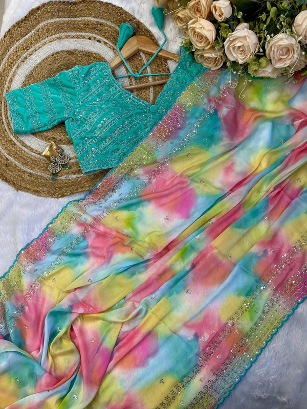 Gorgeous Multi Printed Saree With Aqua Blue Work Blouse