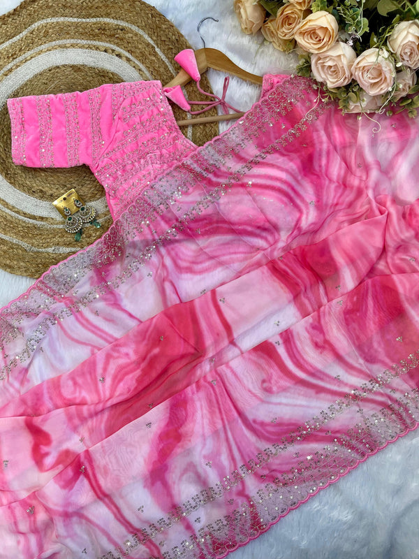 Gorgeous Multi Printed Saree With Light Pink Work Blouse