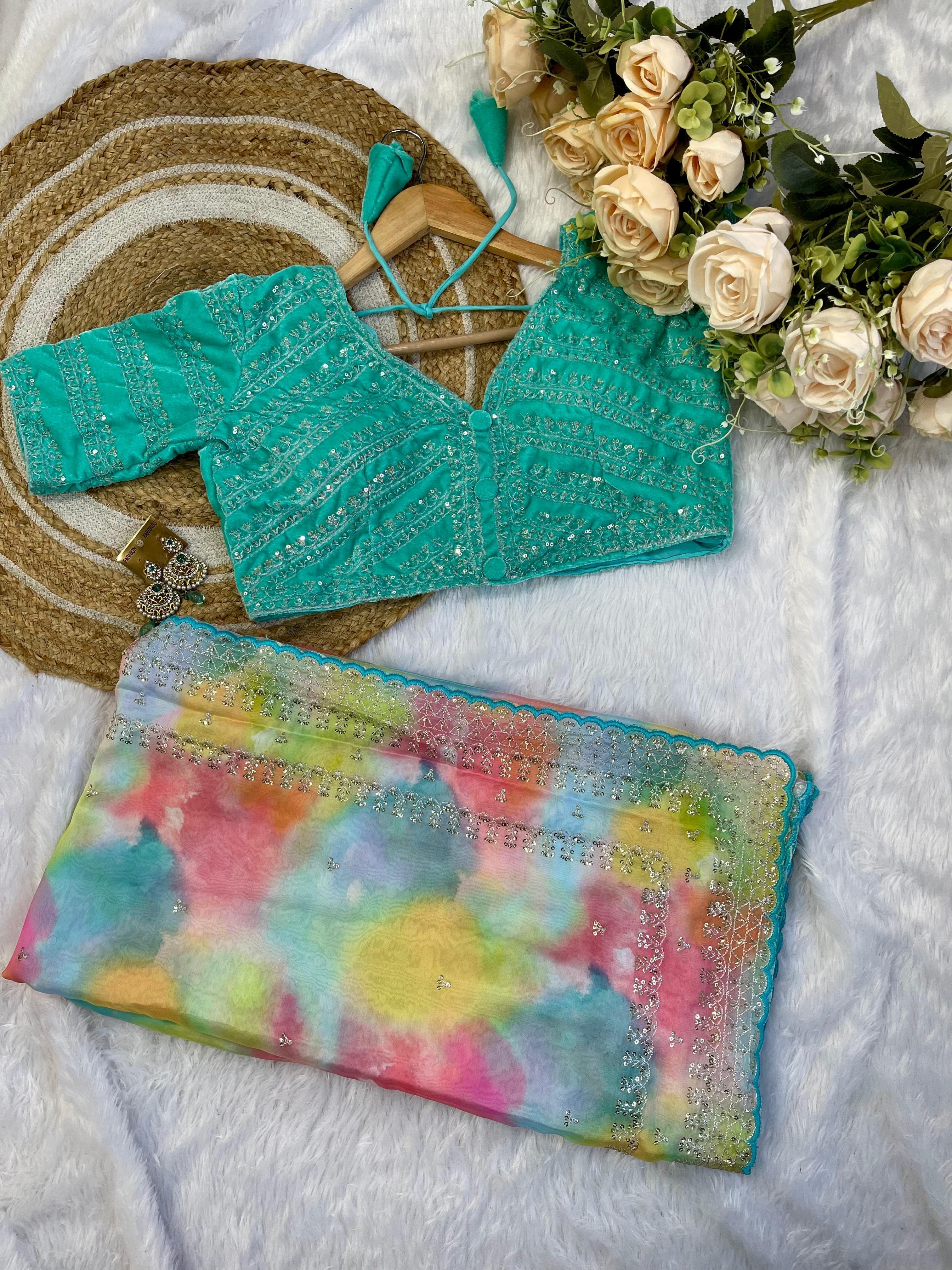 Gorgeous Multi Printed Saree With Aqua Blue Work Blouse