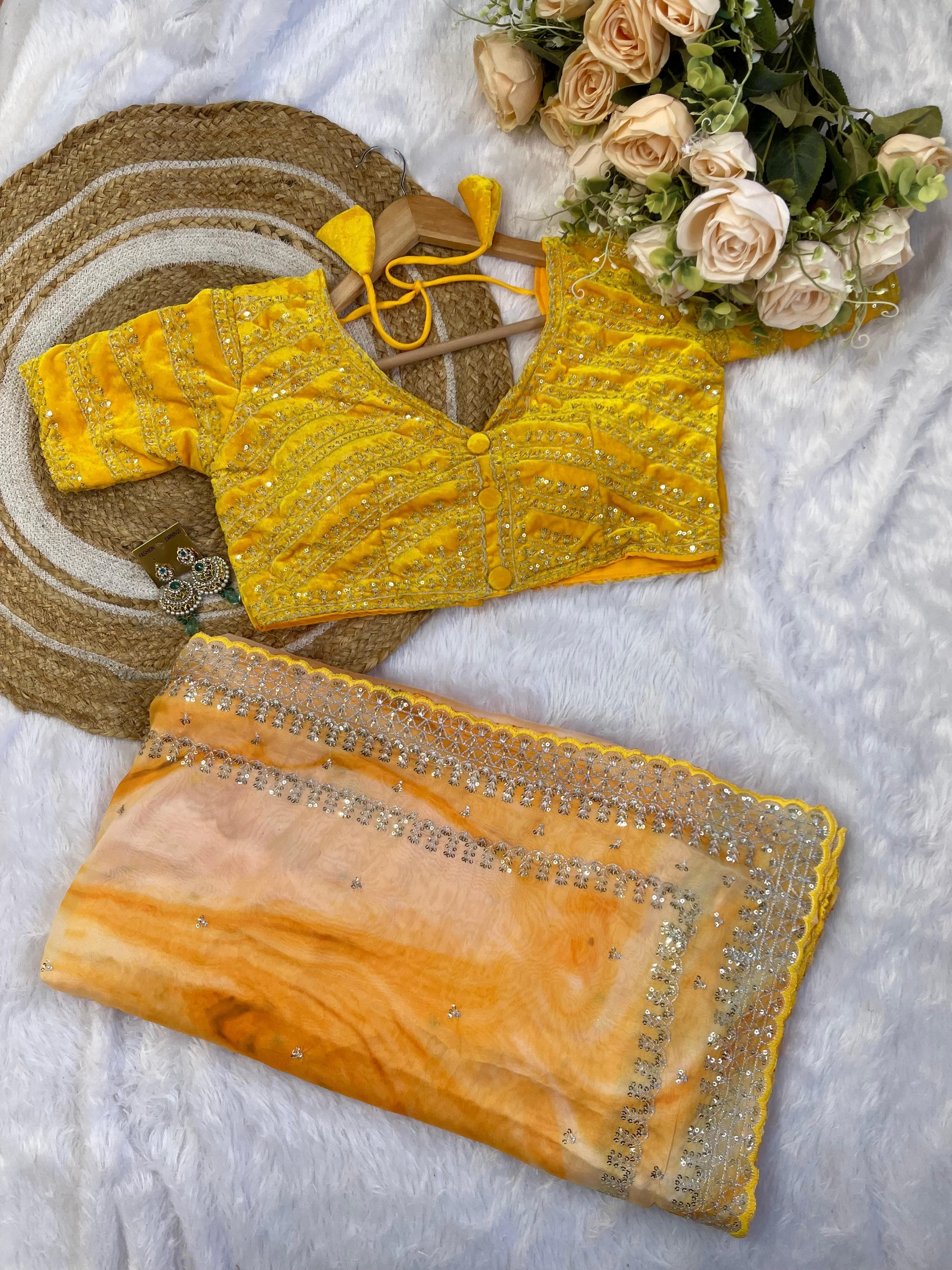 Gorgeous Multi Printed Saree With Yellow Work Blouse