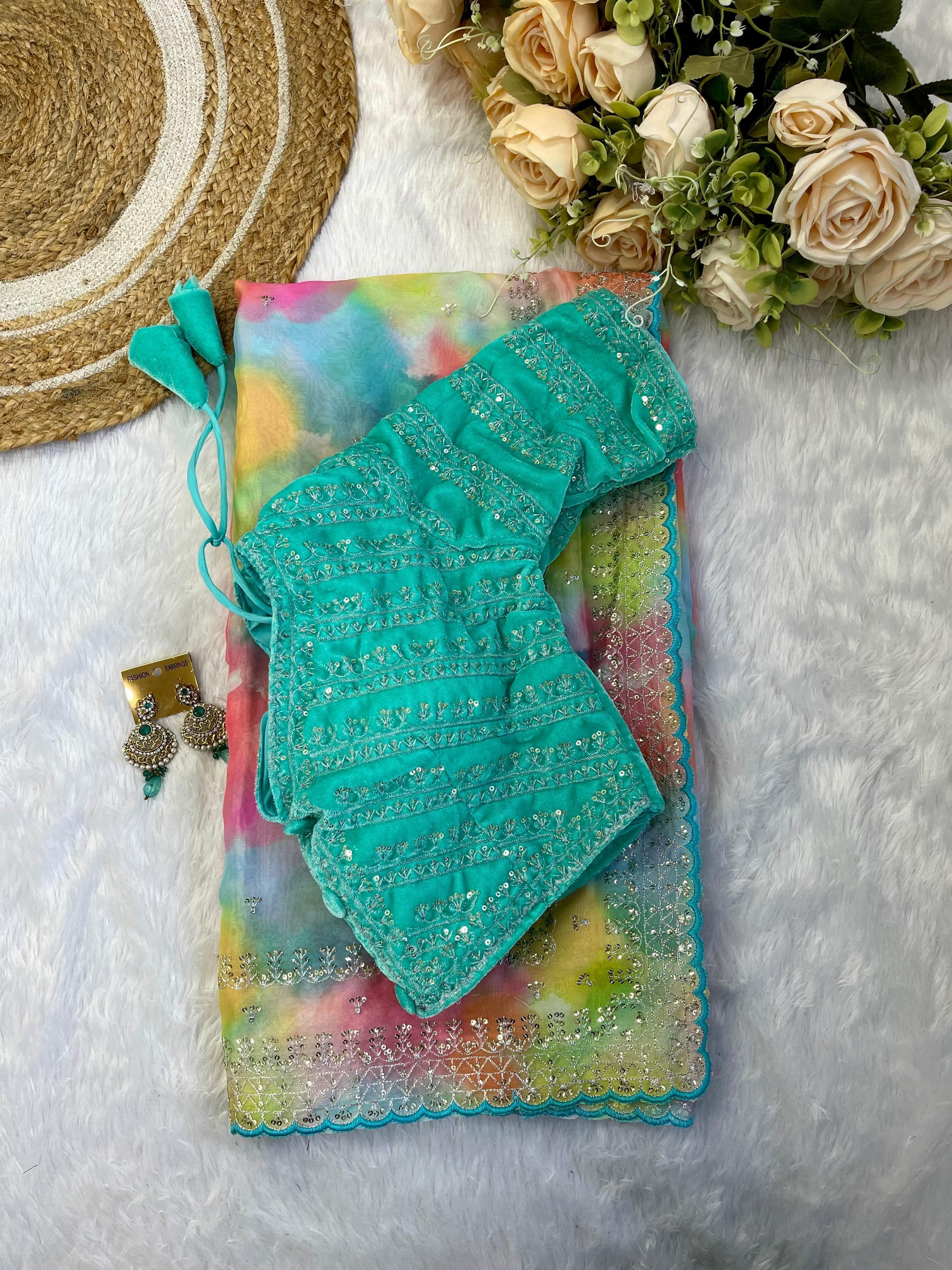 Gorgeous Multi Printed Saree With Aqua Blue Work Blouse
