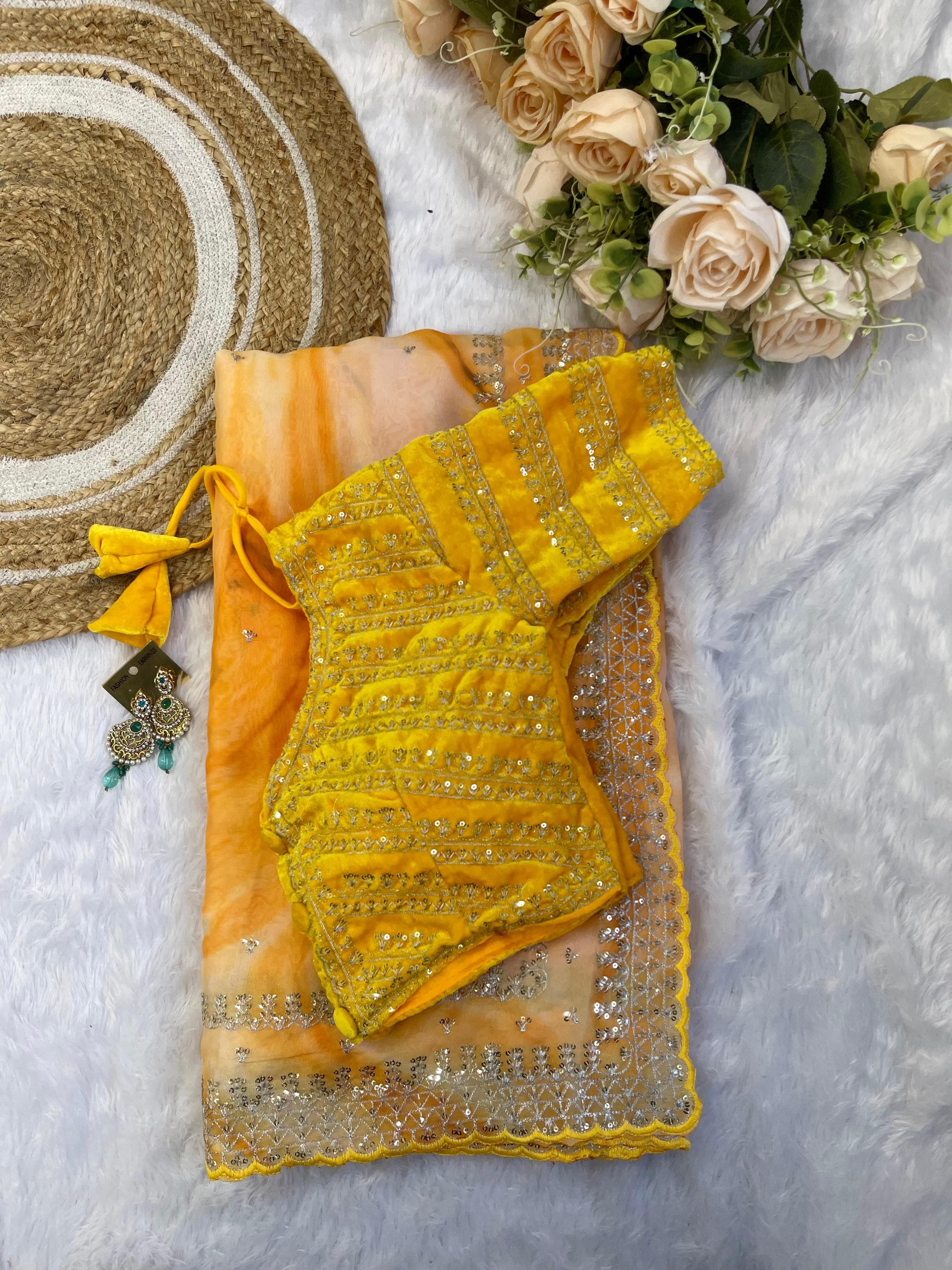 Gorgeous Multi Printed Saree With Yellow Work Blouse