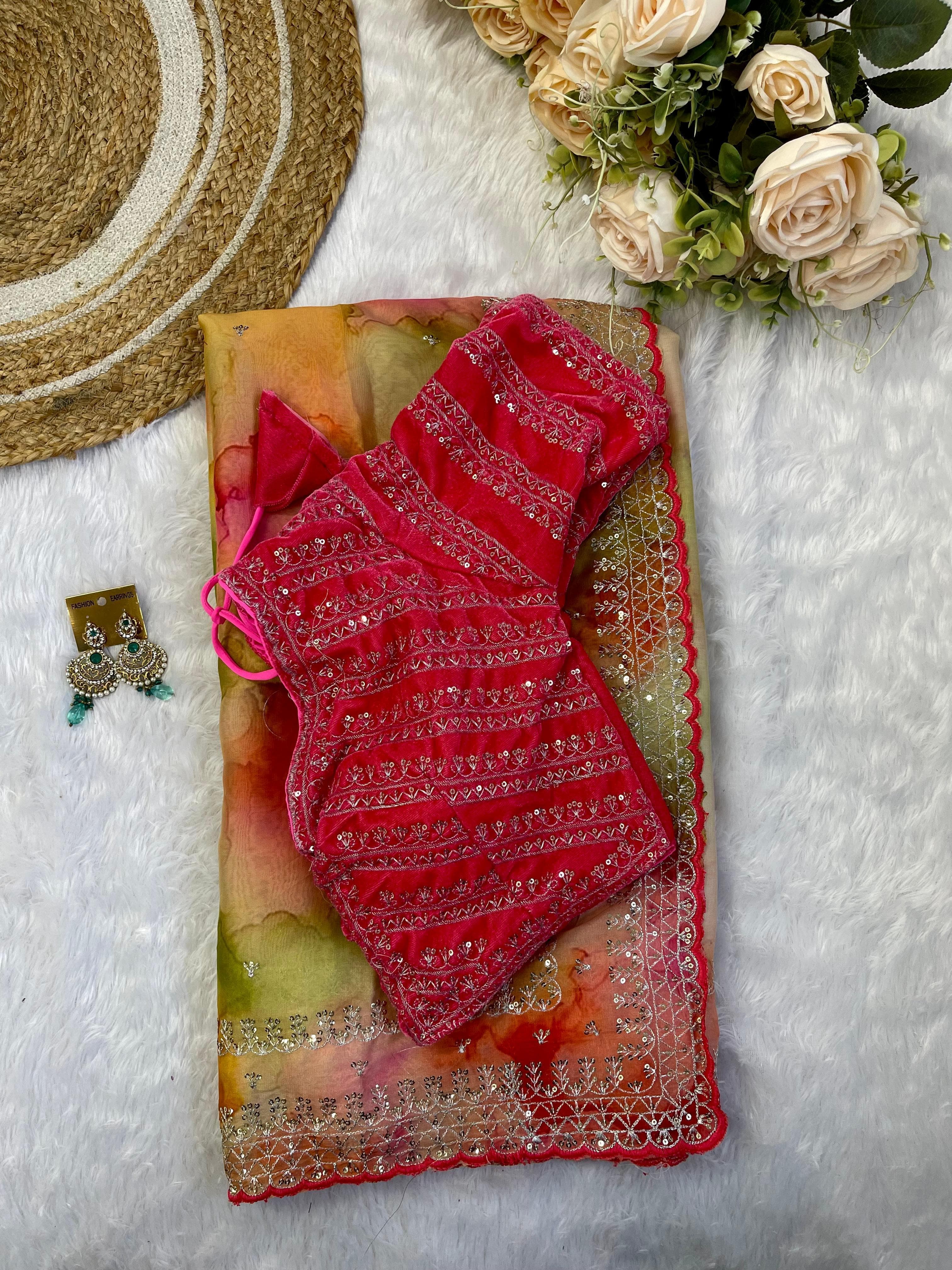 Gorgeous Multi Printed Saree With Red Work Blouse