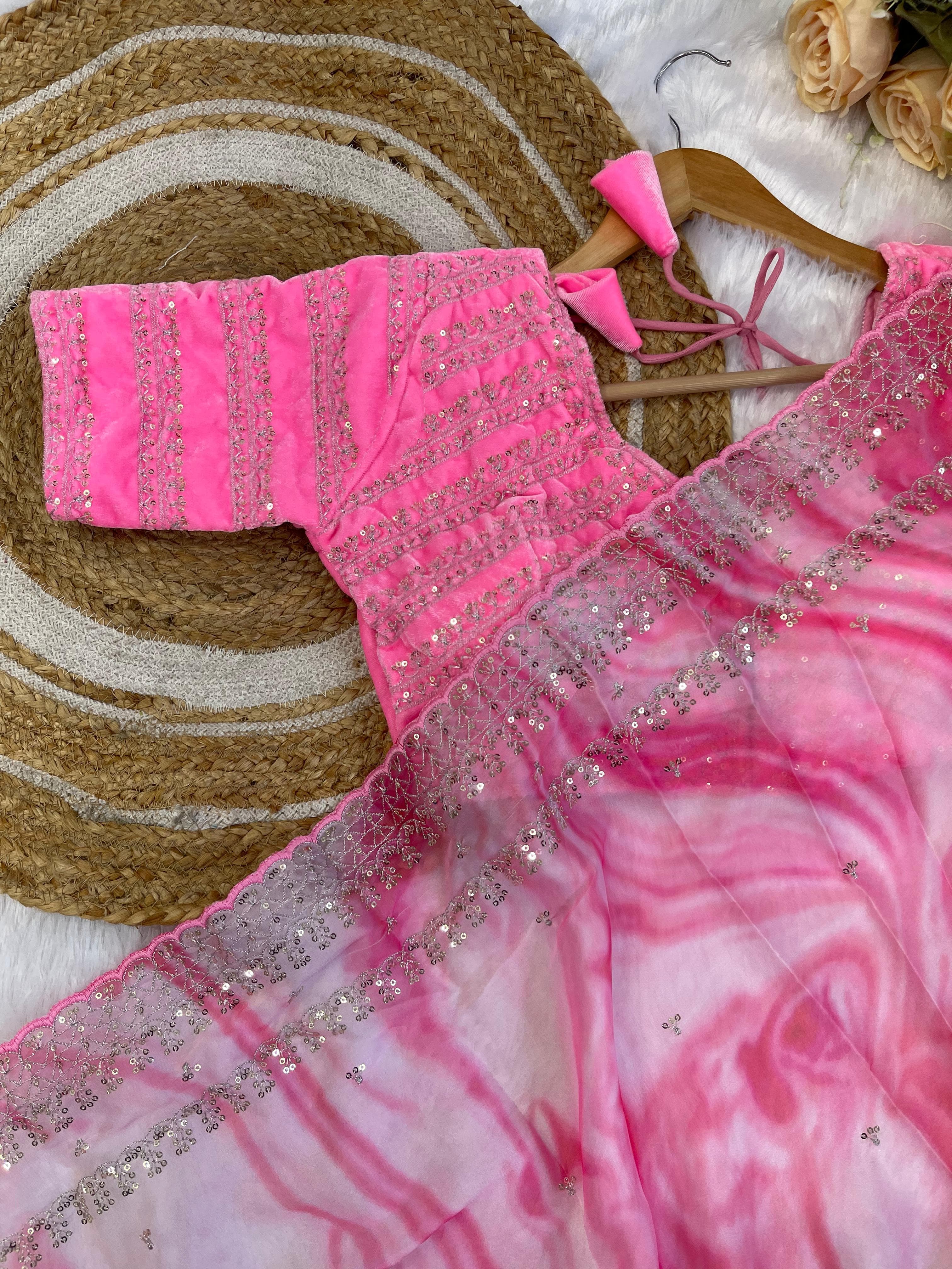 Gorgeous Multi Printed Saree With Light Pink Work Blouse