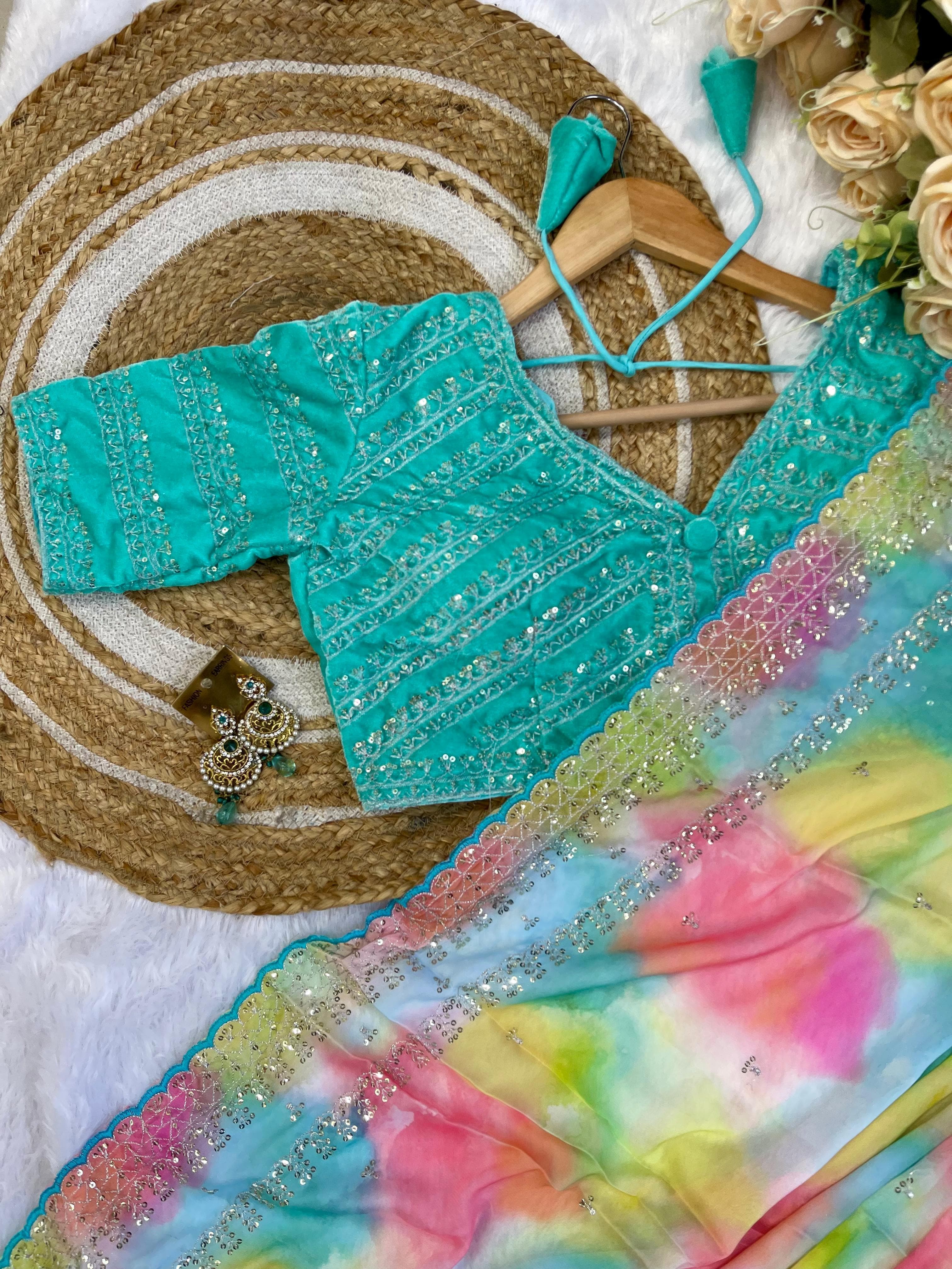 Gorgeous Multi Printed Saree With Aqua Blue Work Blouse