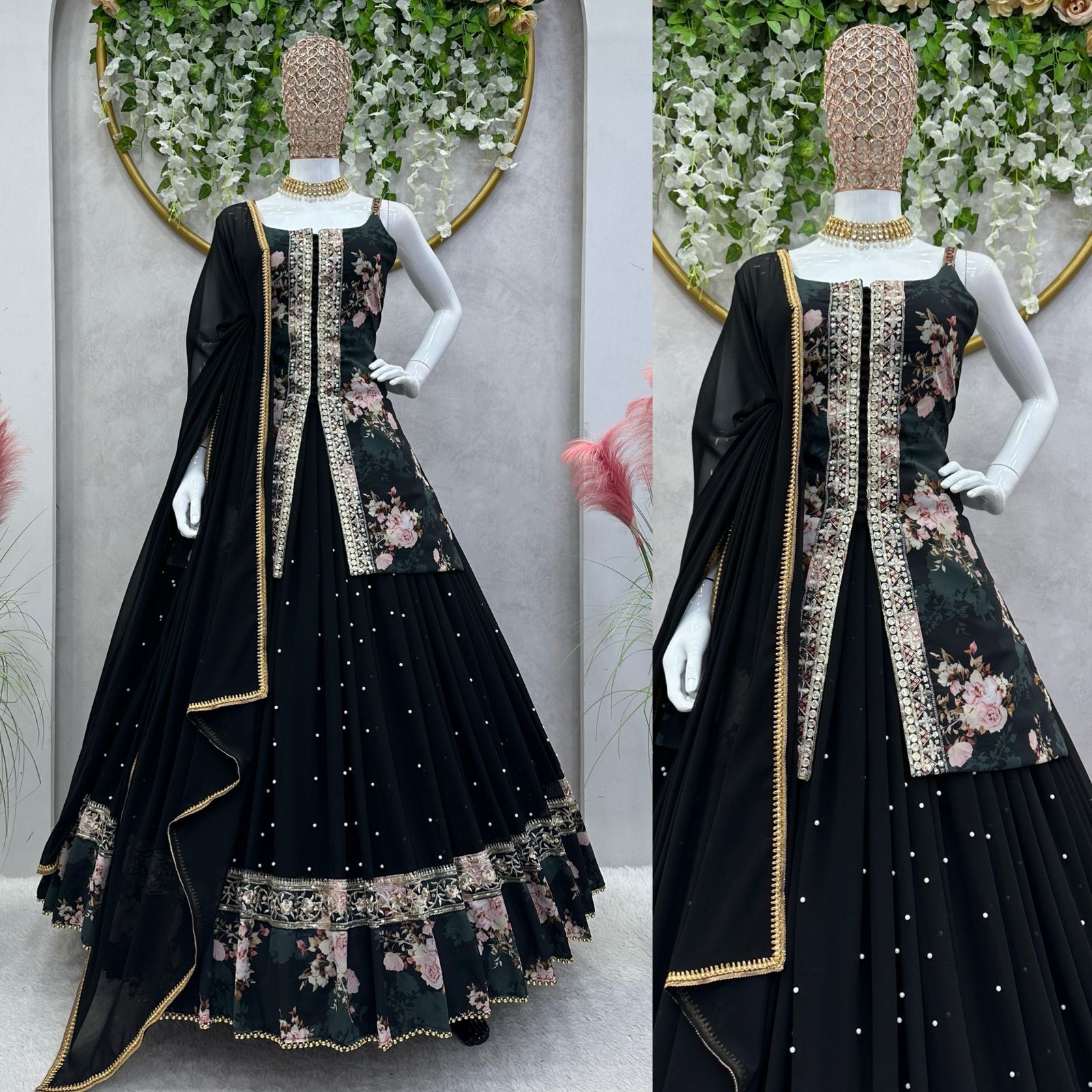 Beautiful Digital Print Work Black Color Top With Lehenga