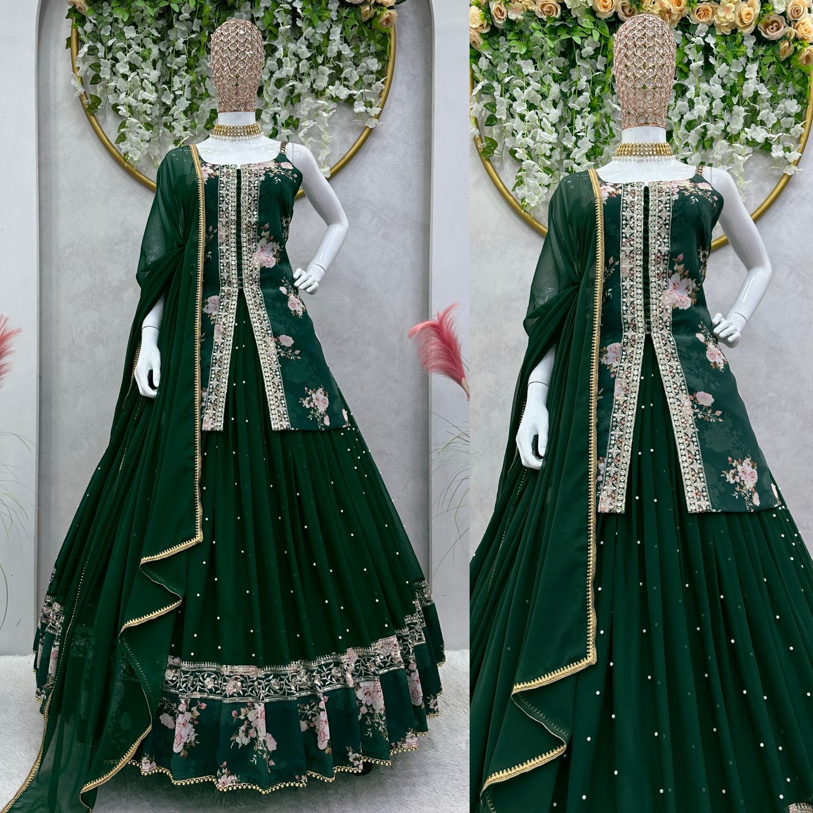 Beautiful Digital Print Work Dark Green Color Top With Lehenga