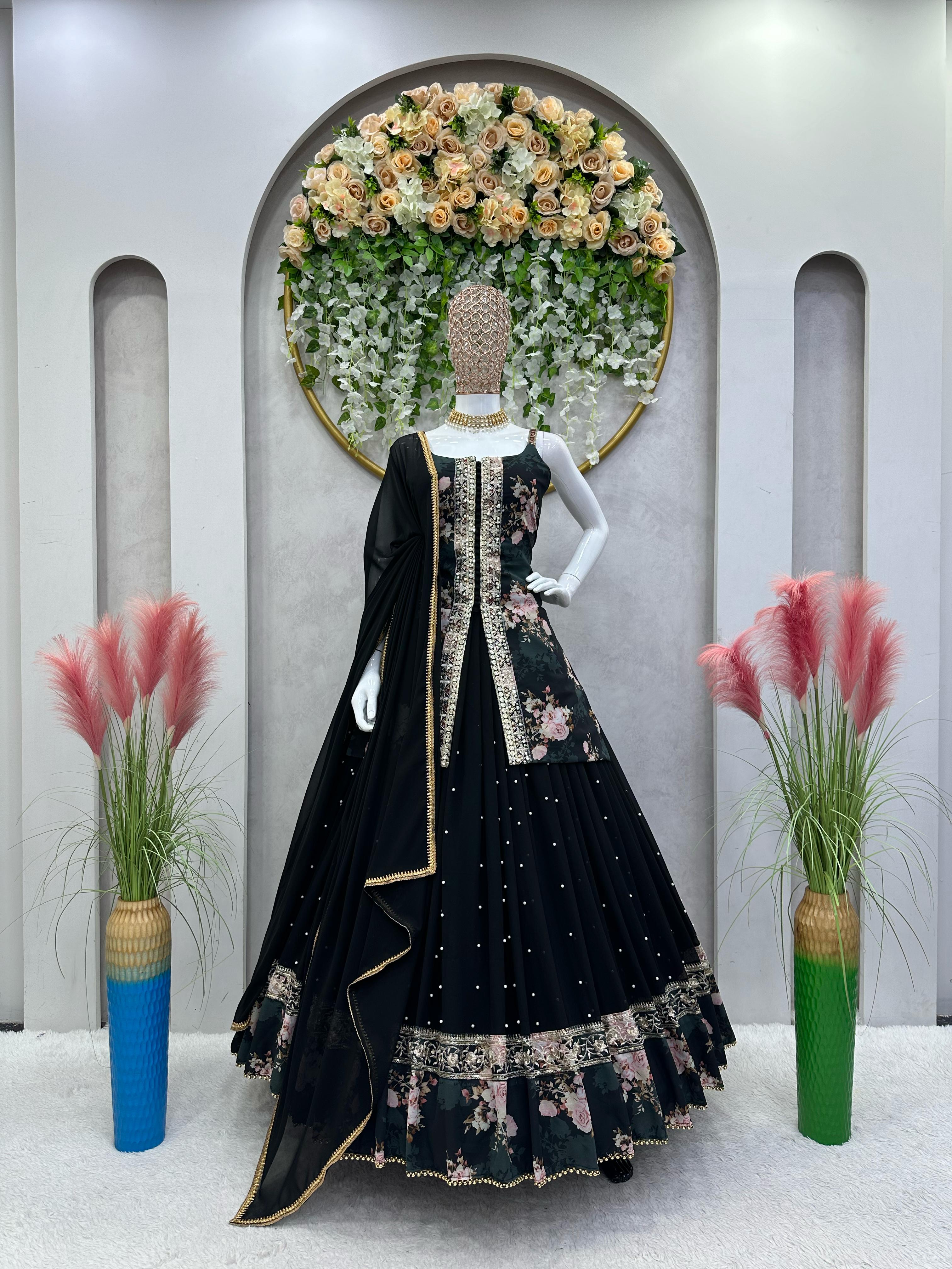 Beautiful Digital Print Work Black Color Top With Lehenga