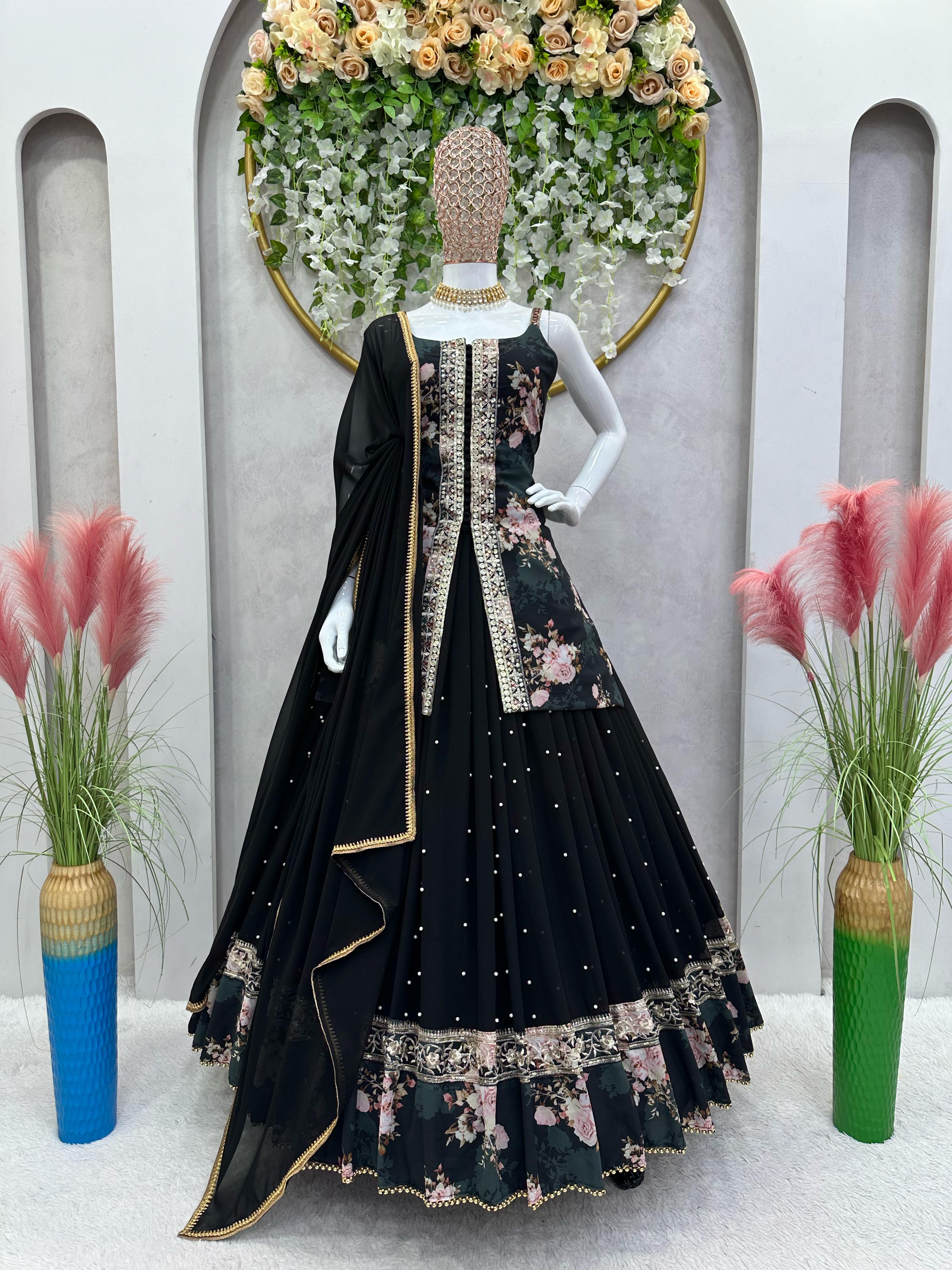 Beautiful Digital Print Work Black Color Top With Lehenga