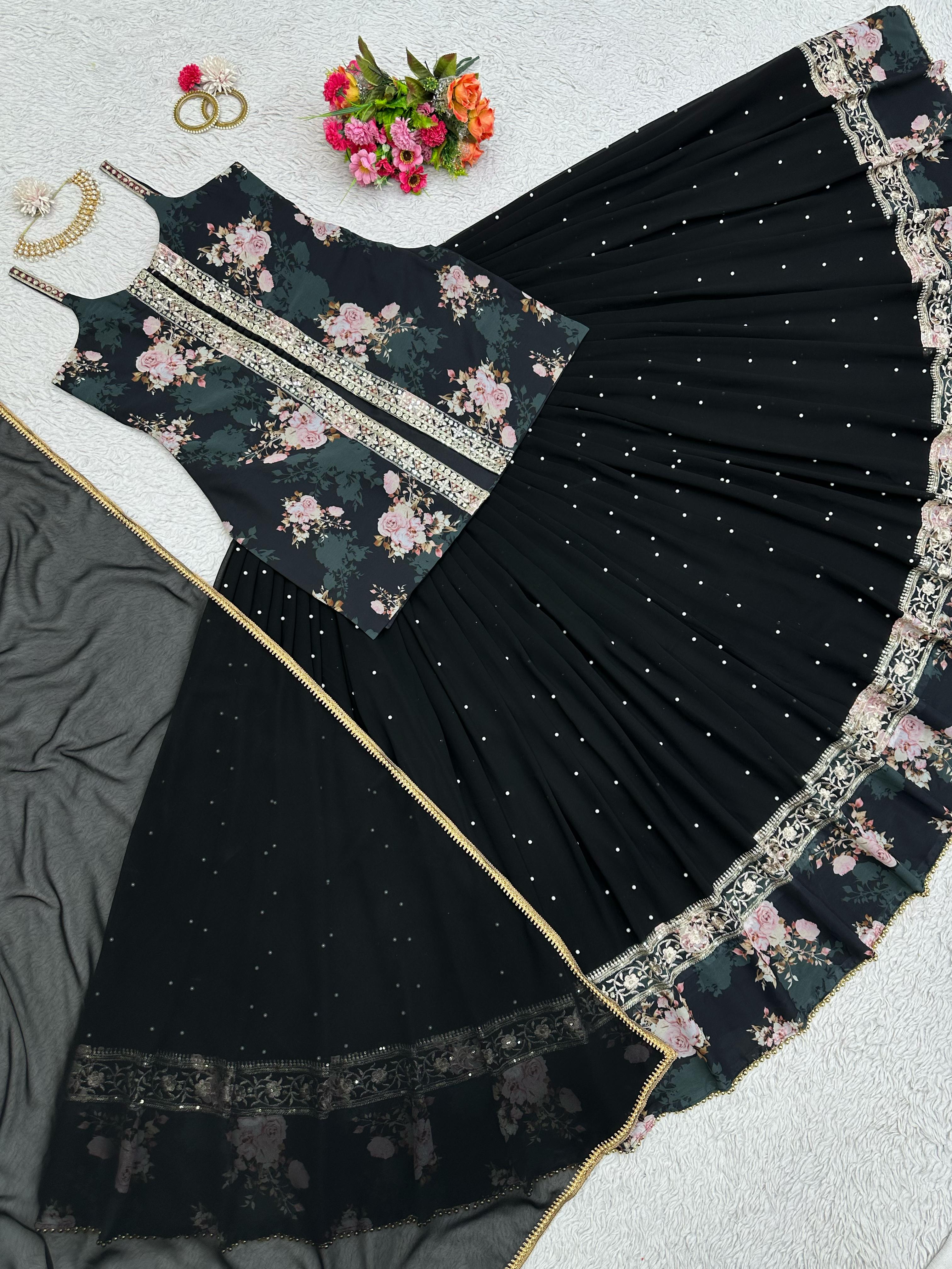 Beautiful Digital Print Work Black Color Top With Lehenga