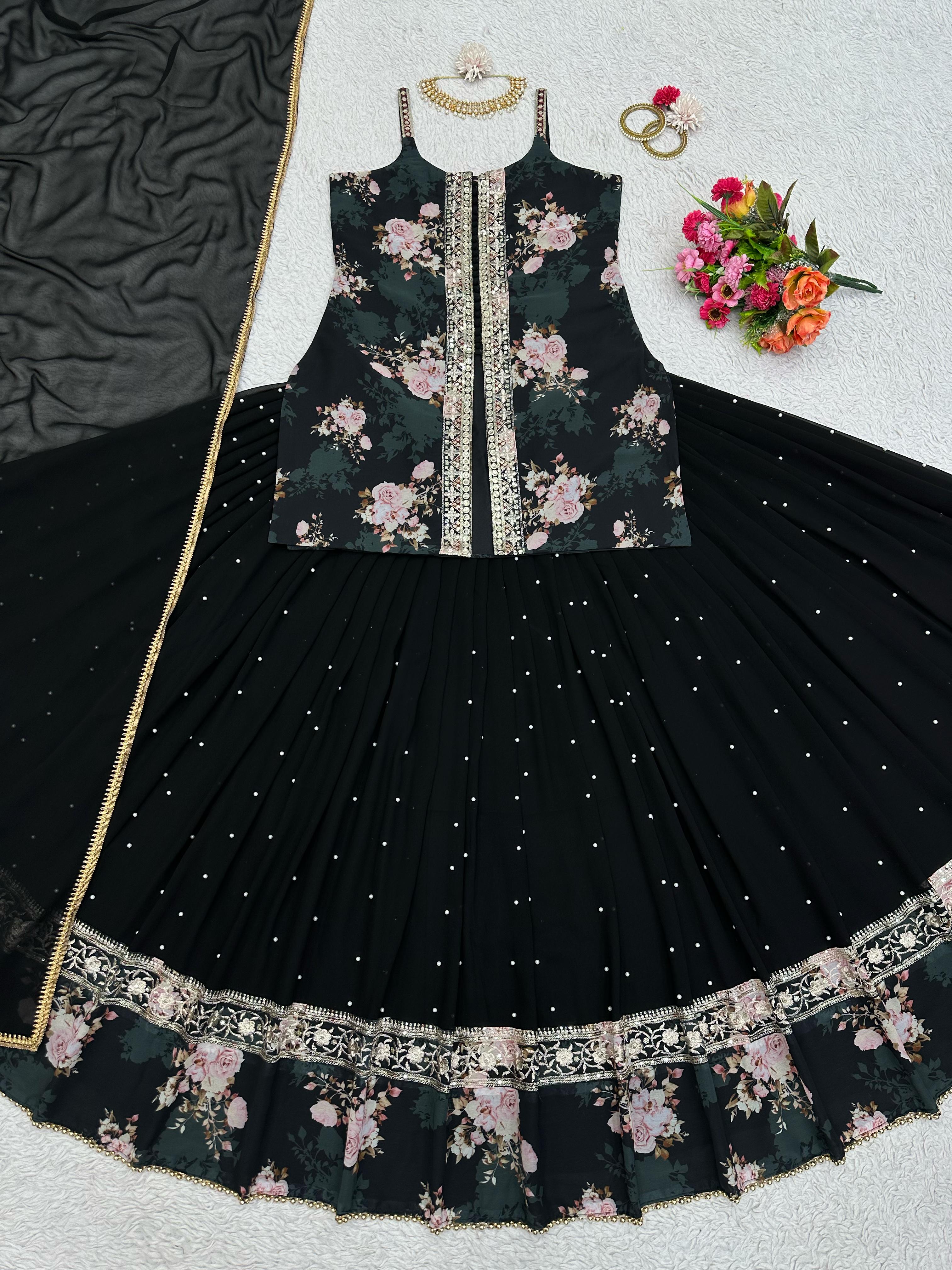 Beautiful Digital Print Work Black Color Top With Lehenga