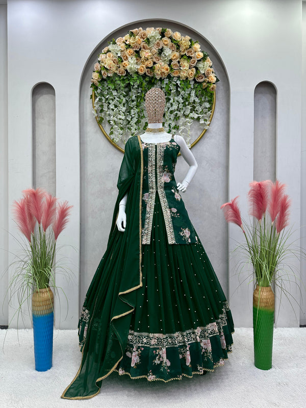 Beautiful Digital Print Work Dark Green Color Top With Lehenga