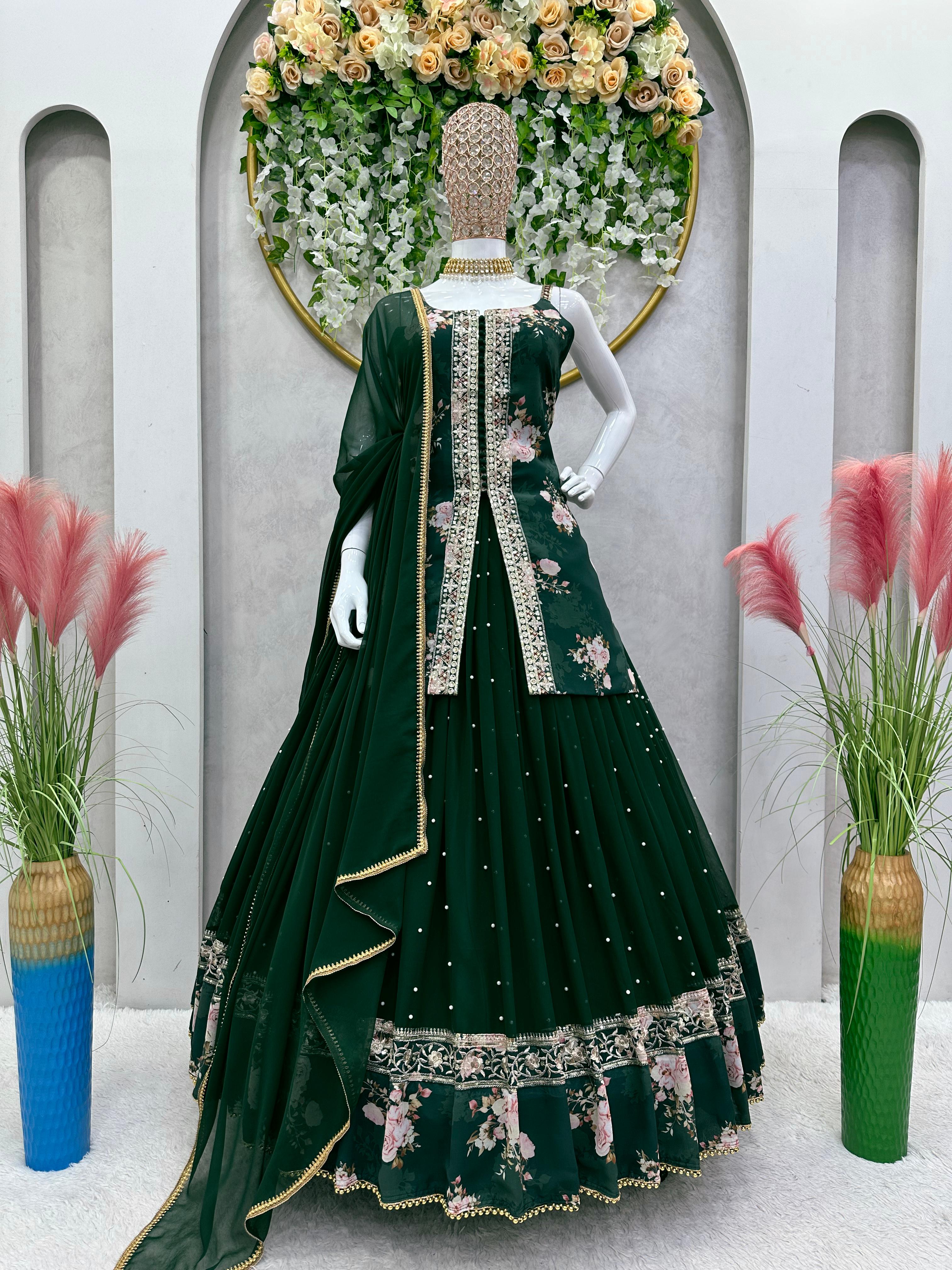 Beautiful Digital Print Work Dark Green Color Top With Lehenga