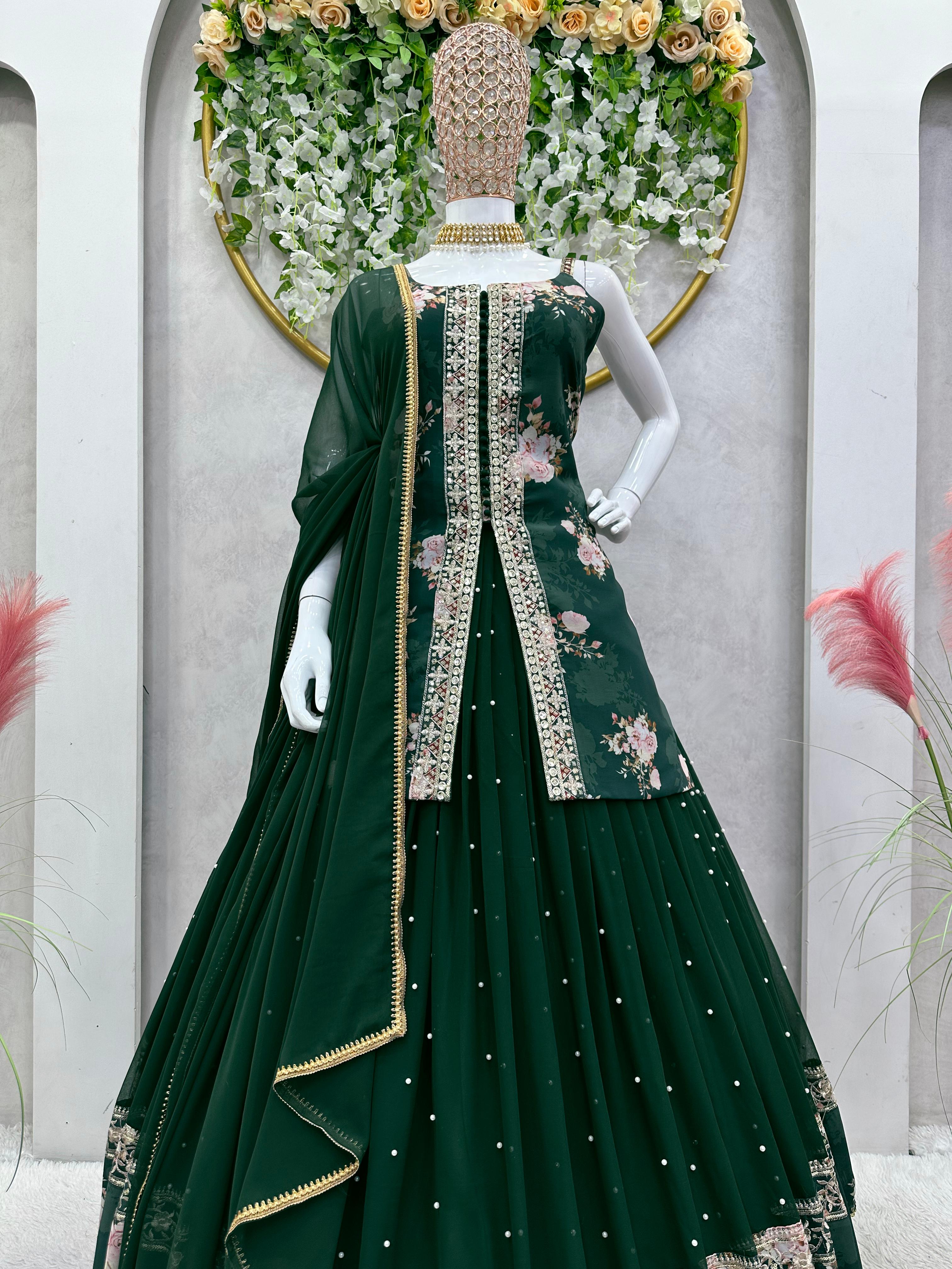 Beautiful Digital Print Work Dark Green Color Top With Lehenga