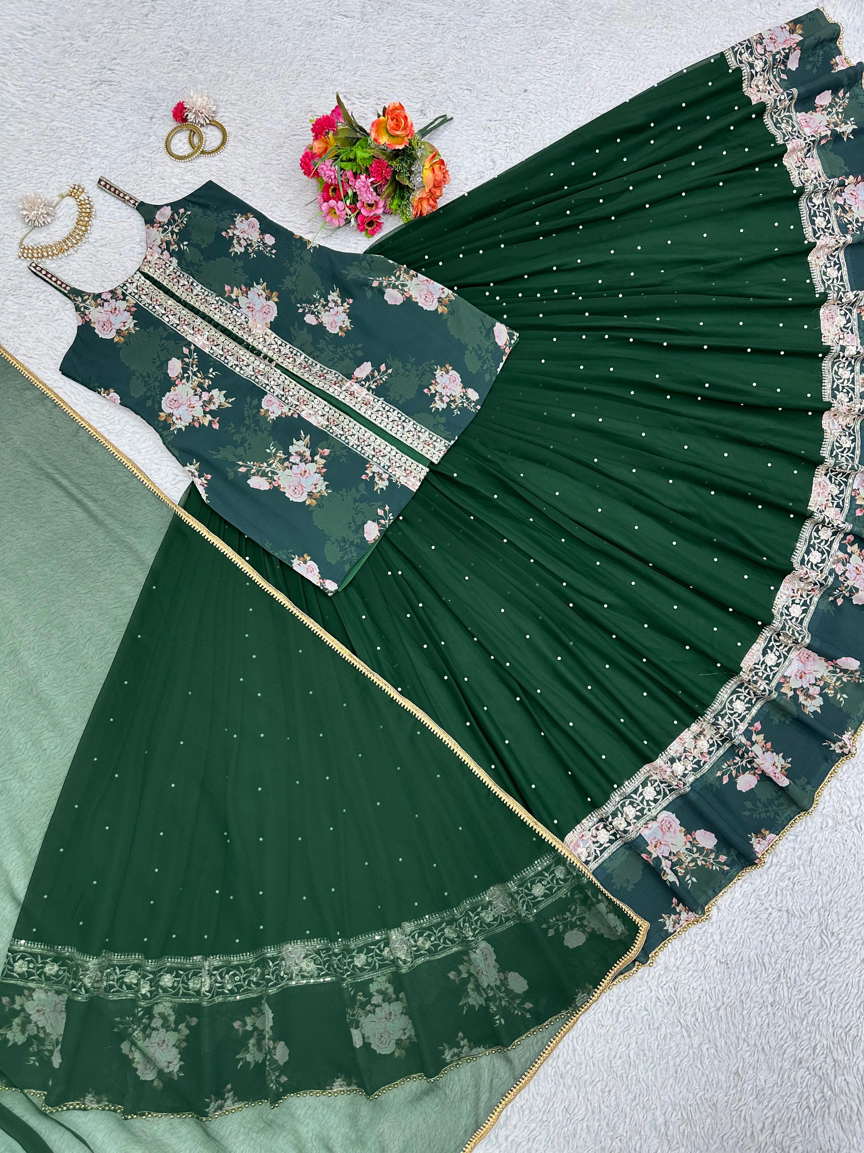 Beautiful Digital Print Work Dark Green Color Top With Lehenga