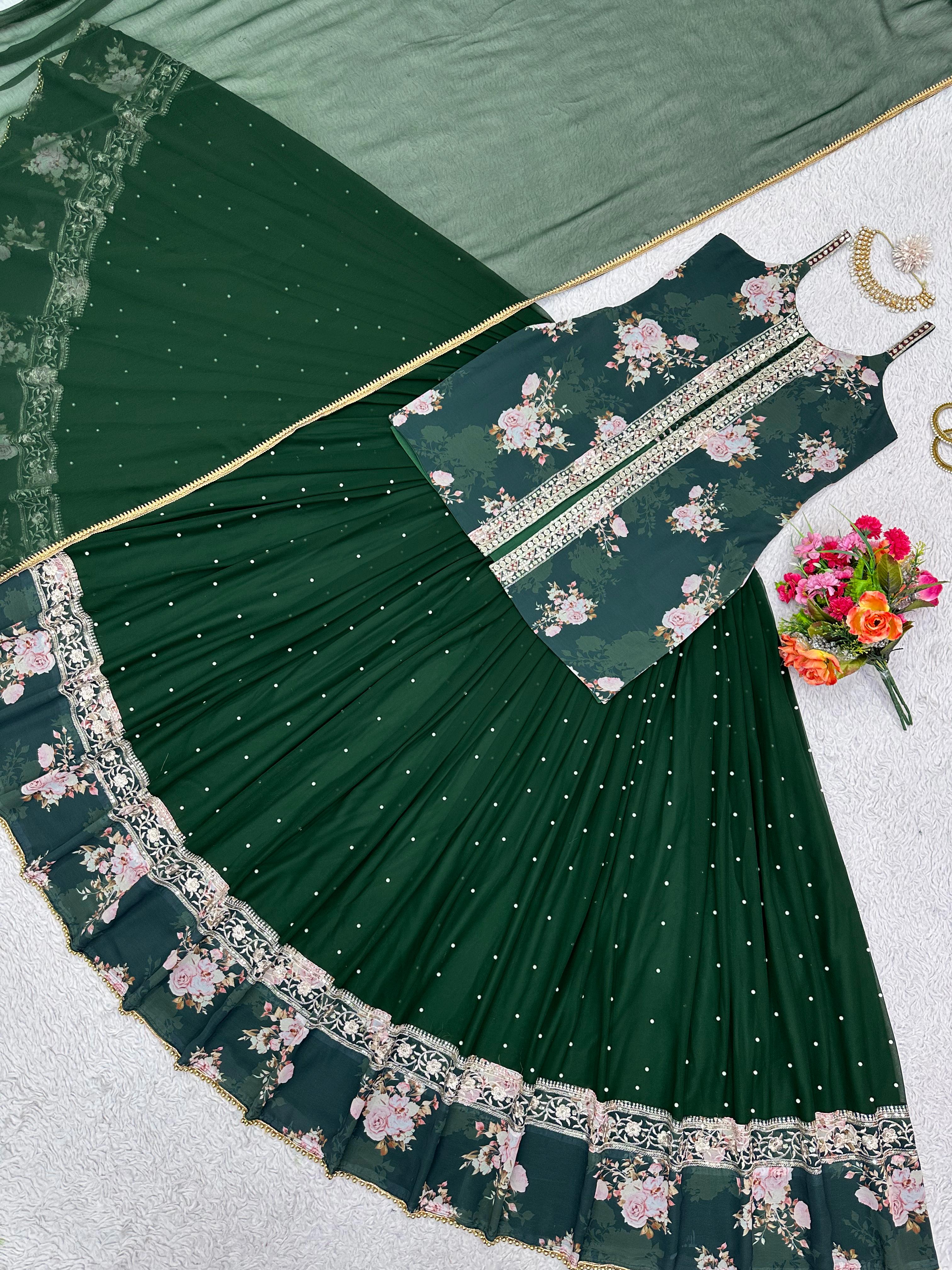 Beautiful Digital Print Work Dark Green Color Top With Lehenga