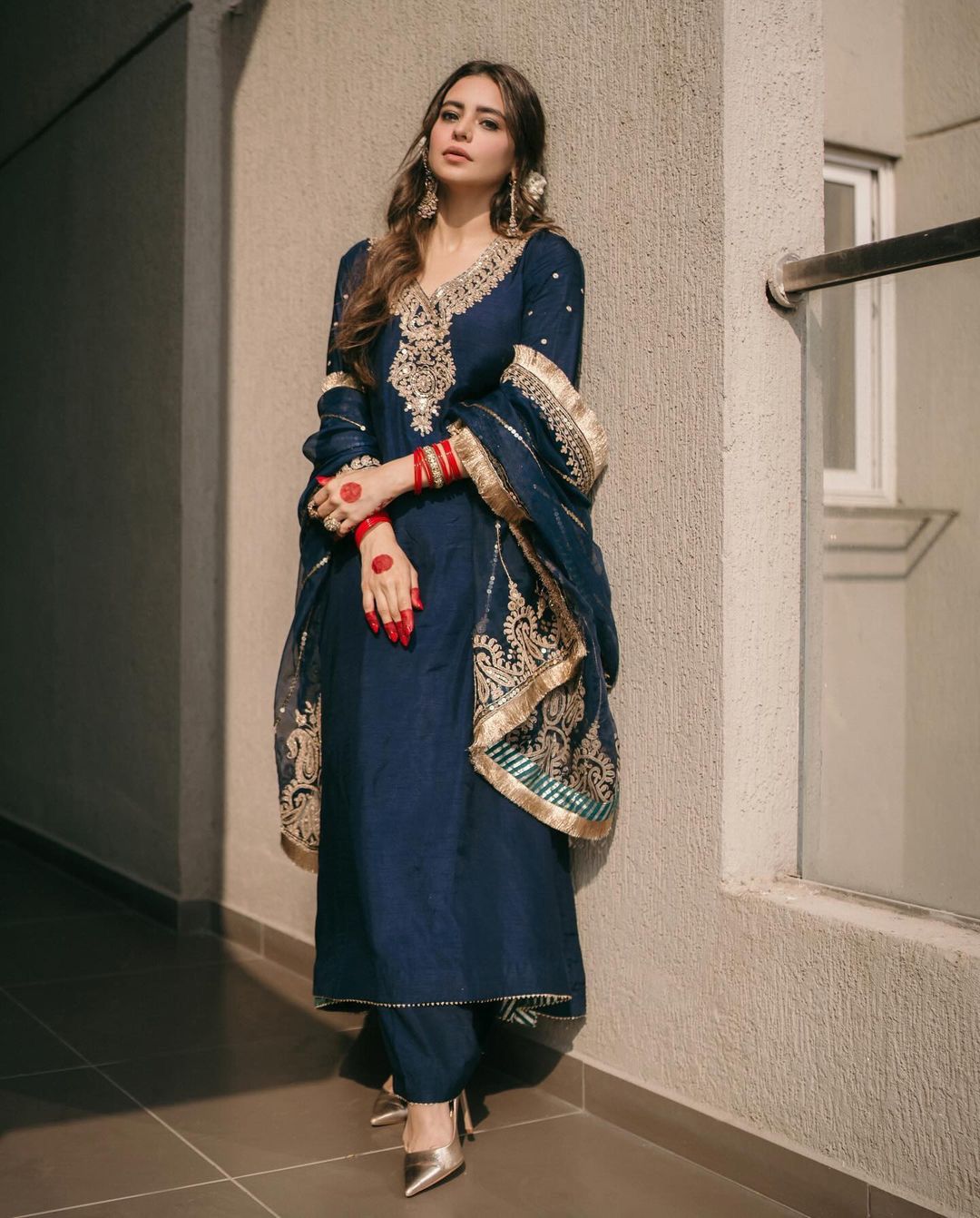 Stunning Navy Blue Color Palazzo Suit With Work Dupatta