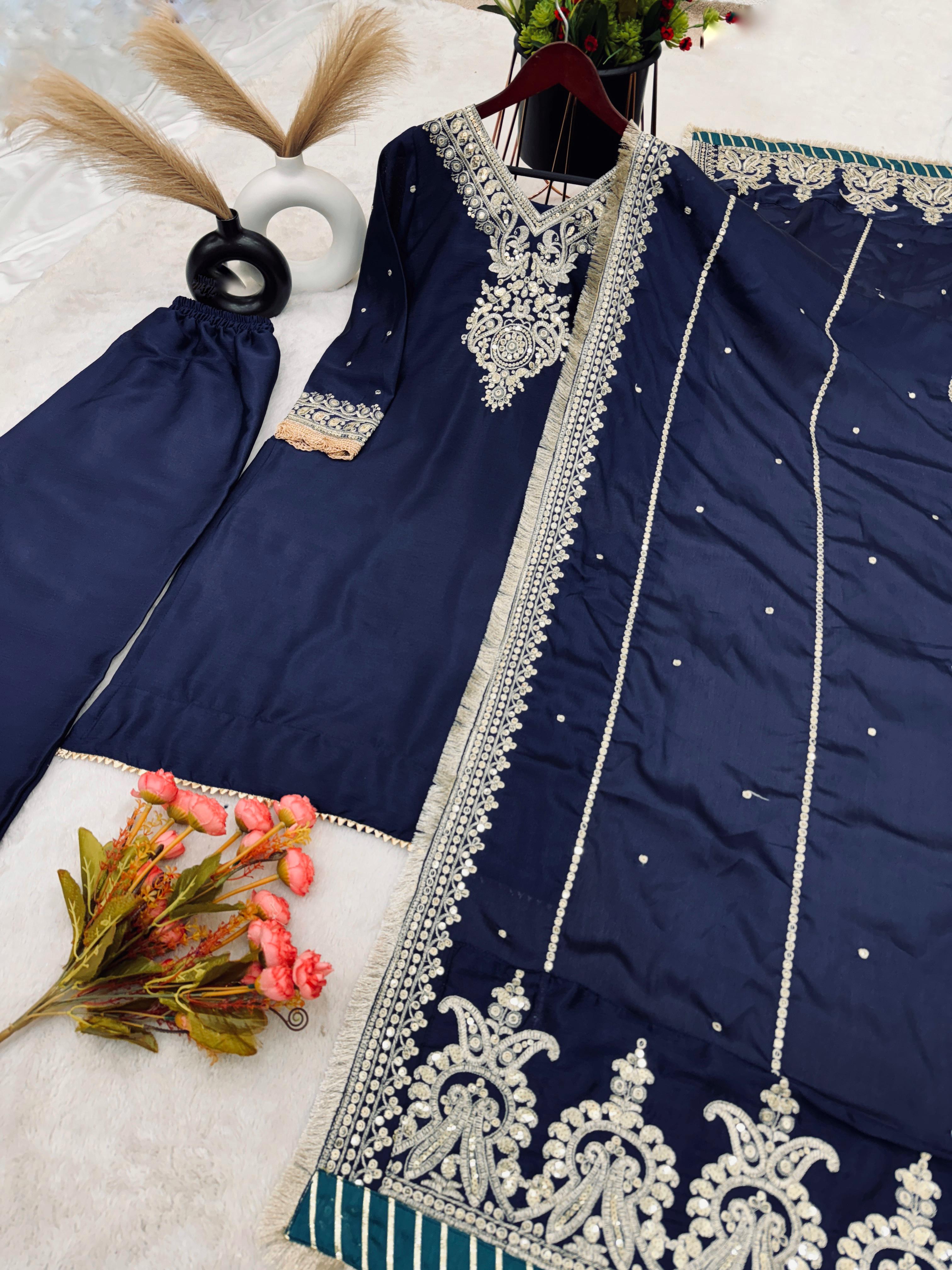 Stunning Navy Blue Color Palazzo Suit With Work Dupatta