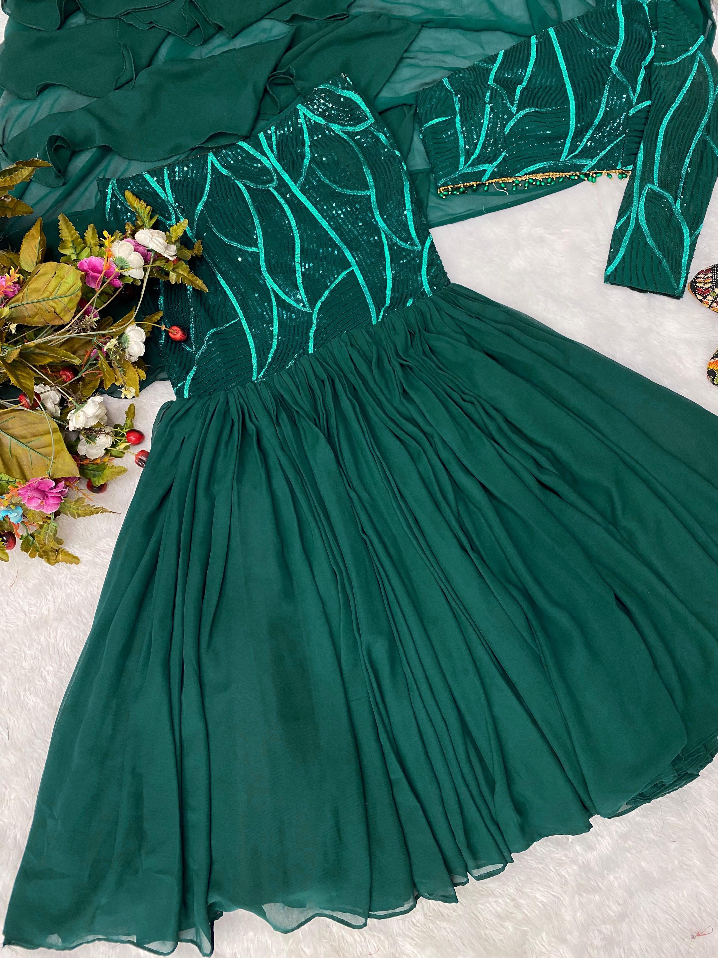 Bottle Green Sequence Work Lehenga With Dupatta Attach Blouse