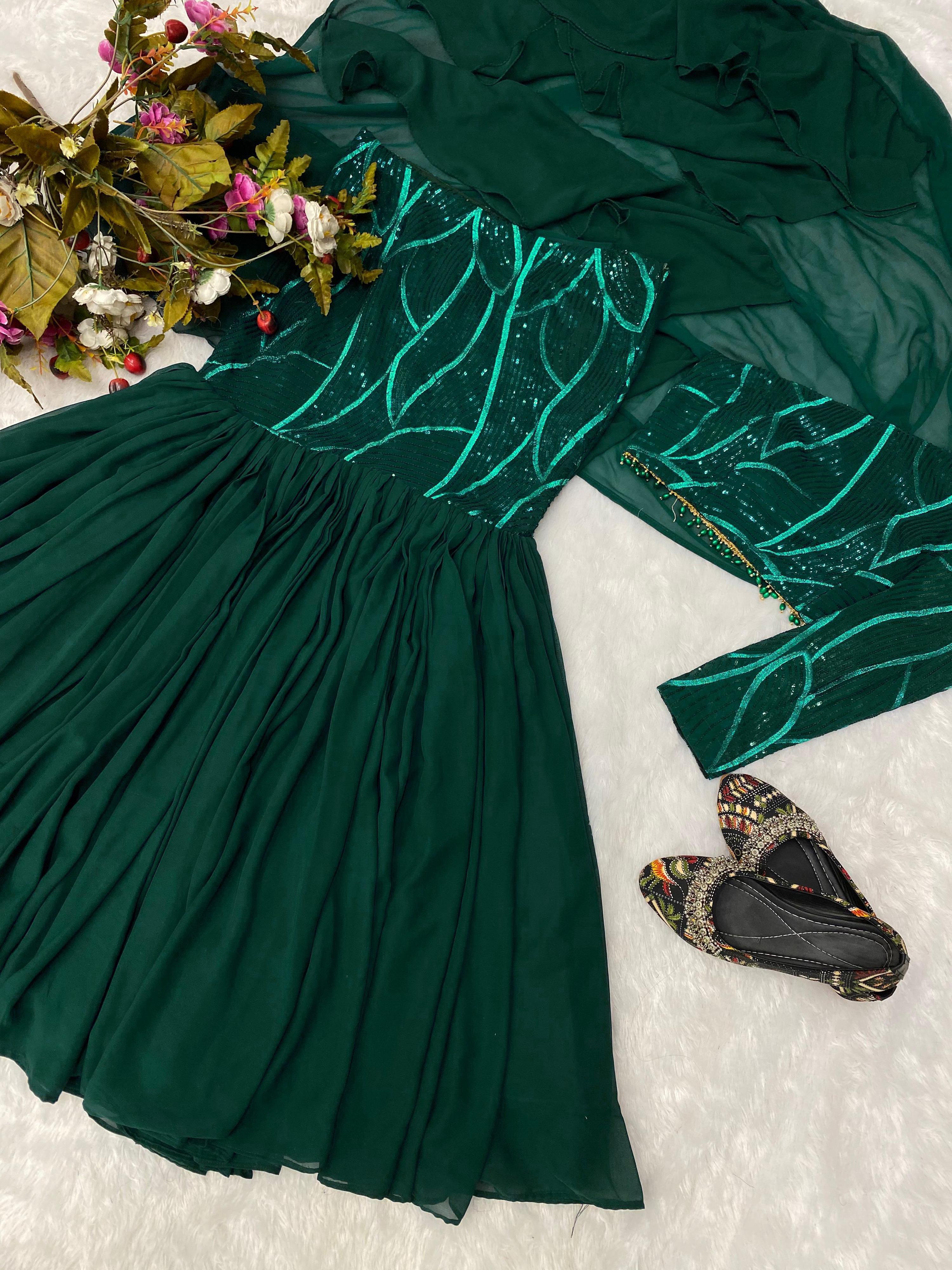 Bottle Green Sequence Work Lehenga With Dupatta Attach Blouse