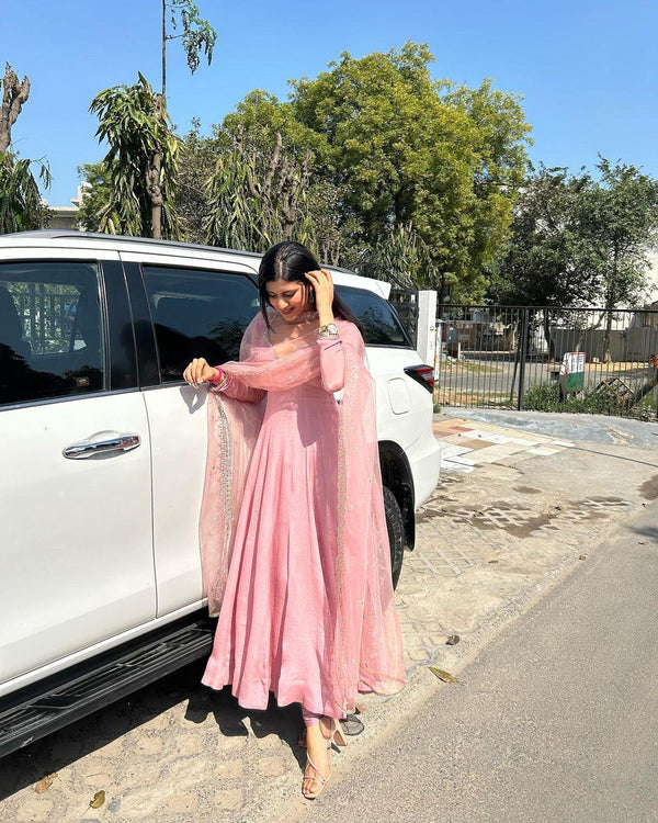 Designer Light Pink Anarkali Gown With Net Dupatta